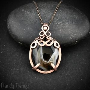 Black banded agate pendant, Copper wire wrapped jewelry, Unique handmade gift, Artisan necklace, One of a kind piece, Free-flow style