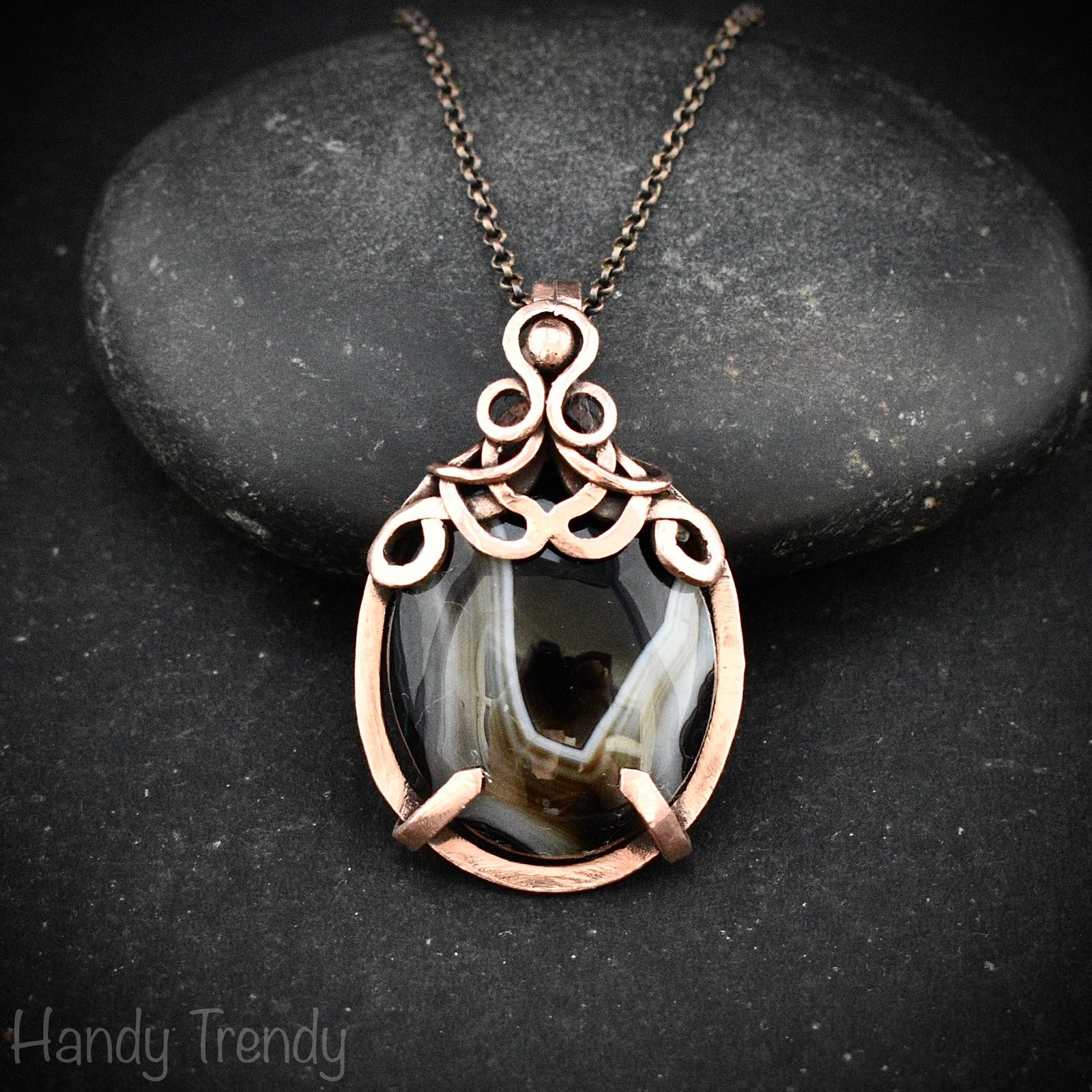 Black banded agate pendant, Copper wire wrapped jewelry, Unique handmade gift, Artisan necklace, One of a kind piece, Free-flow style