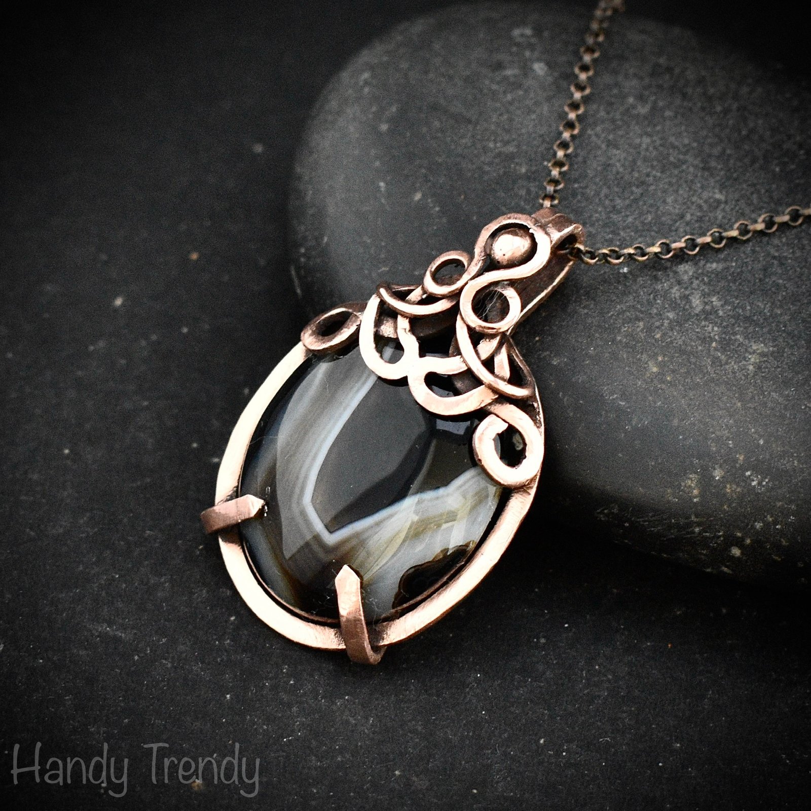 Black banded agate pendant, Copper wire wrapped jewelry, Unique handmade gift, Artisan necklace, One of a kind piece, Free-flow style