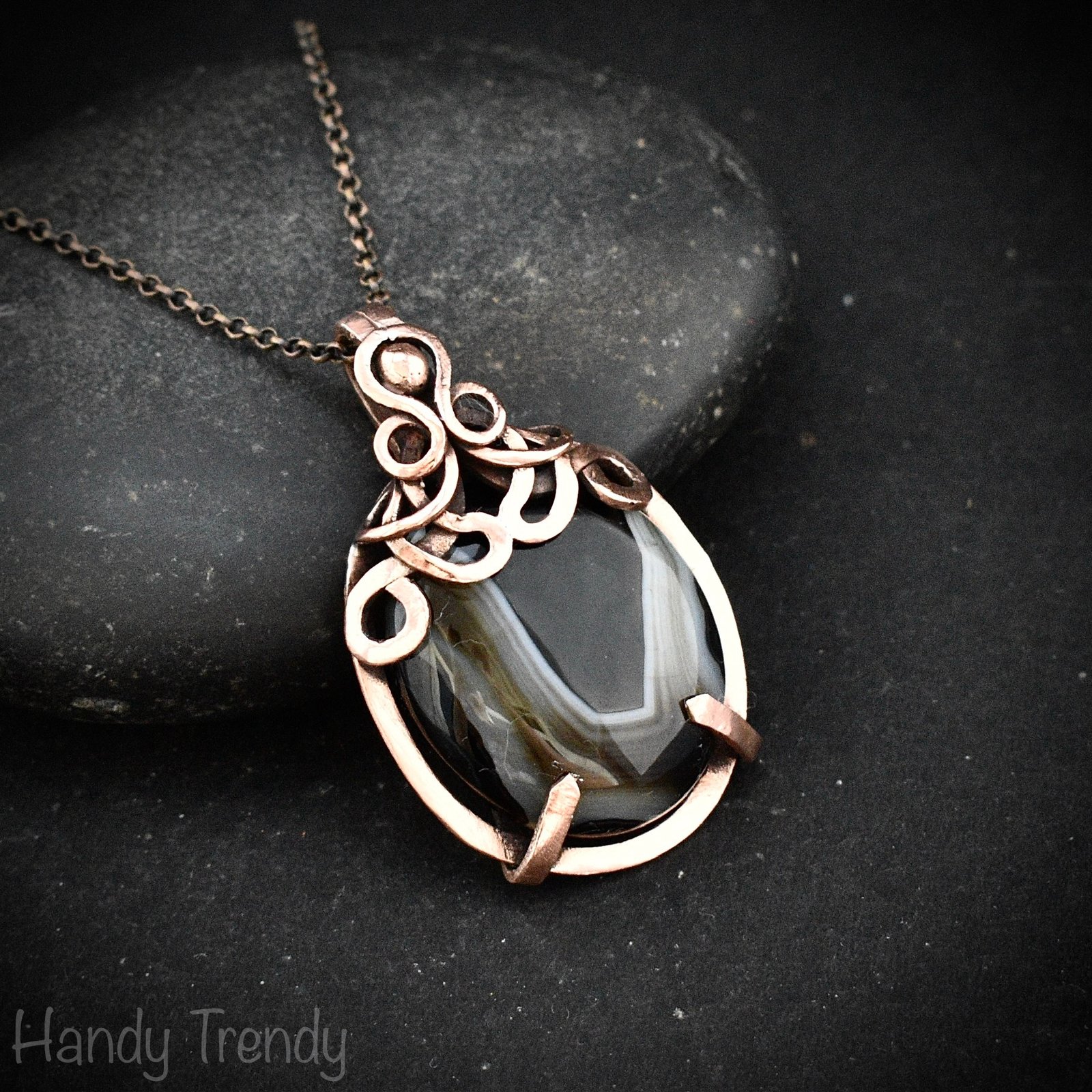 Black banded agate pendant, Copper wire wrapped jewelry, Unique handmade gift, Artisan necklace, One of a kind piece, Free-flow style
