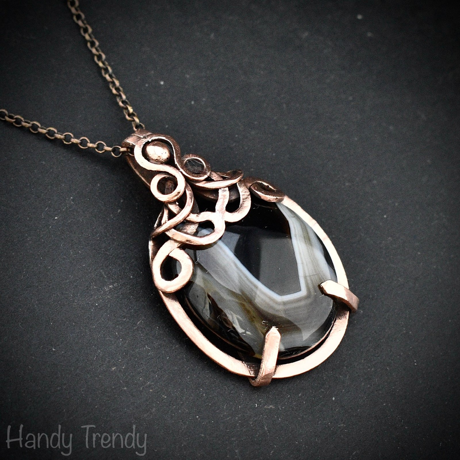 Black banded agate pendant, Copper wire wrapped jewelry, Unique handmade gift, Artisan necklace, One of a kind piece, Free-flow style