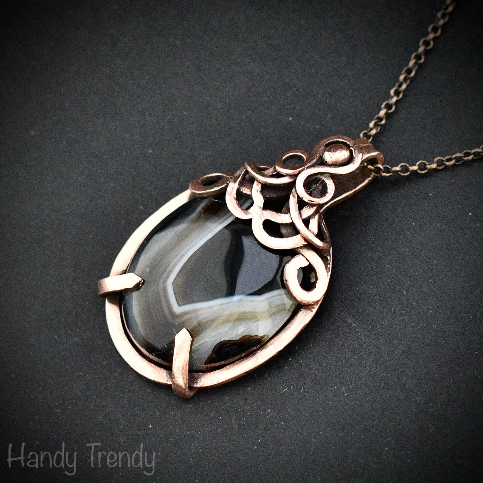 Black banded agate pendant, Copper wire wrapped jewelry, Unique handmade gift, Artisan necklace, One of a kind piece, Free-flow style