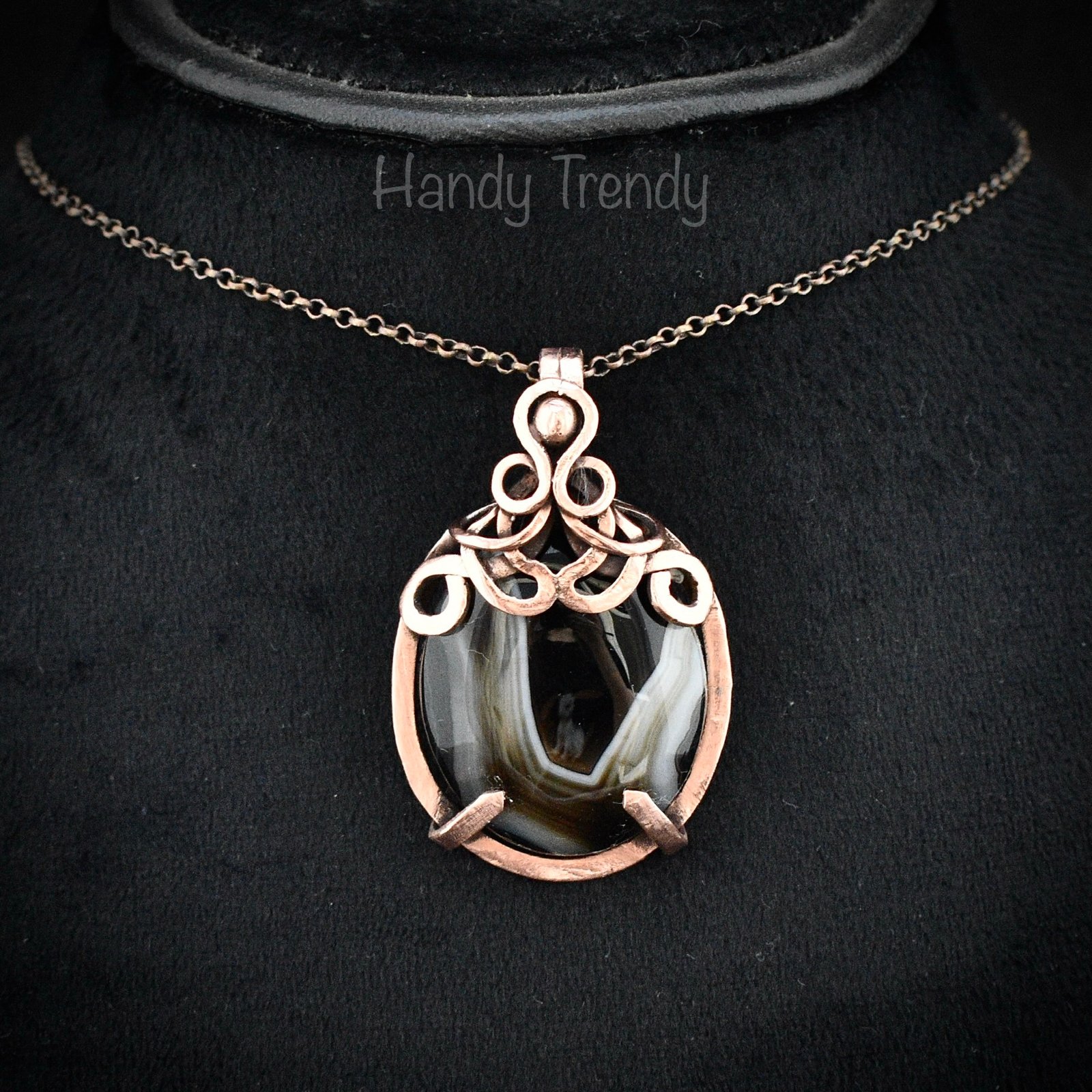 Black banded agate pendant, Copper wire wrapped jewelry, Unique handmade gift, Artisan necklace, One of a kind piece, Free-flow style