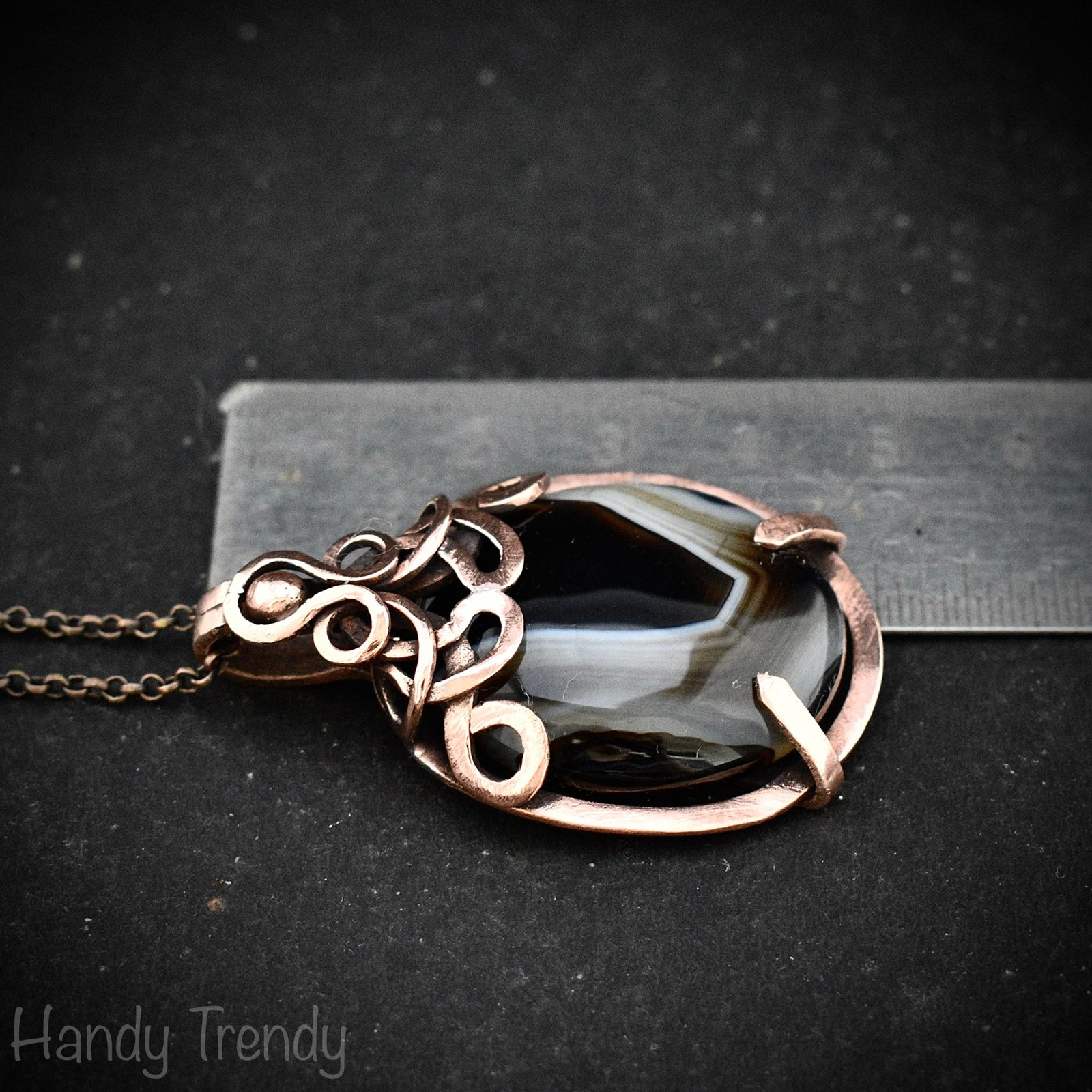 Black banded agate pendant, Copper wire wrapped jewelry, Unique handmade gift, Artisan necklace, One of a kind piece, Free-flow style