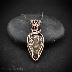 Turritella fossil pendant, Copper wire wrapped weaving necklace, Unique handmade gift, One of a kind jewelry, Artisan boho necklace
