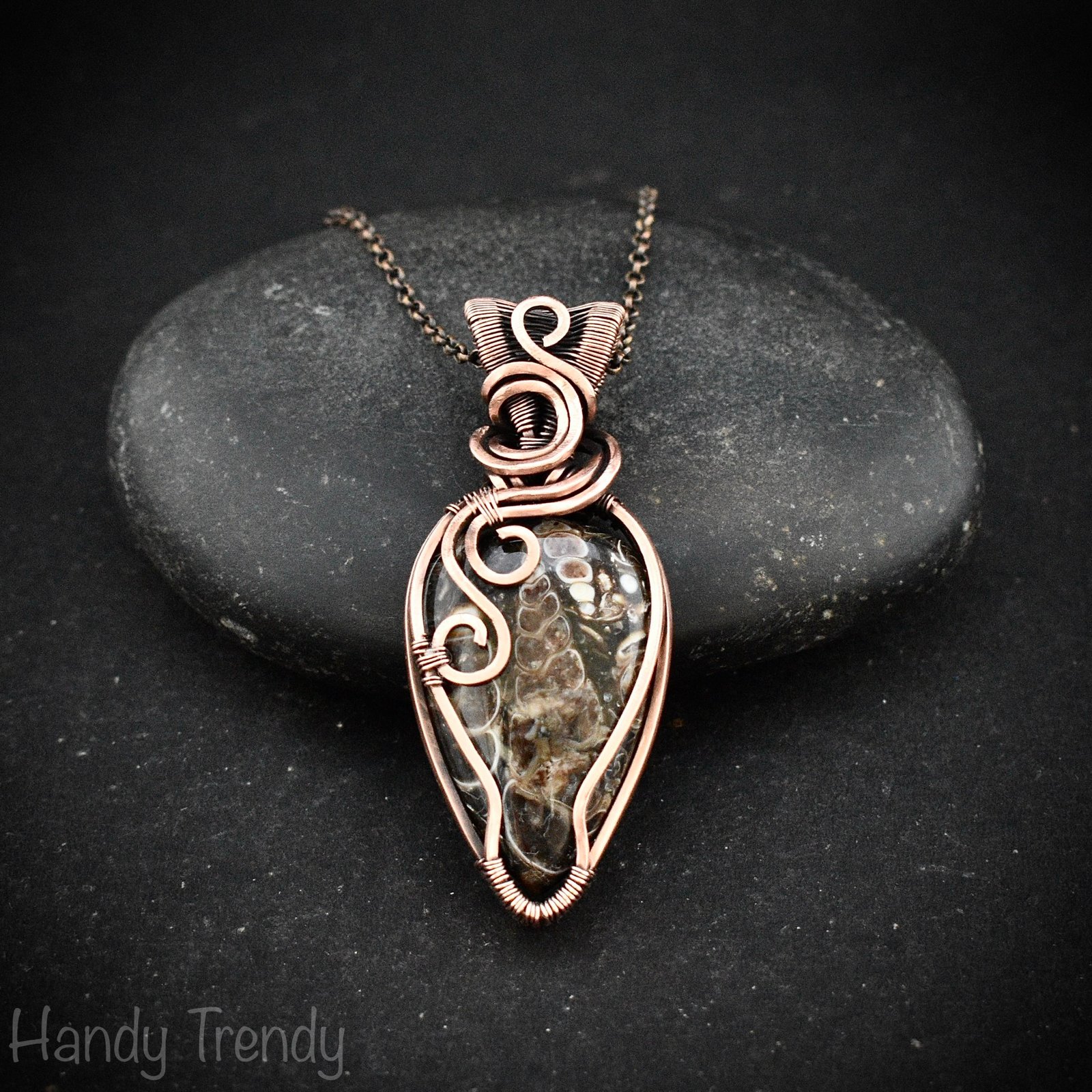 Turritella fossil pendant, Copper wire wrapped weaving necklace, Unique handmade gift, One of a kind jewelry, Artisan boho necklace