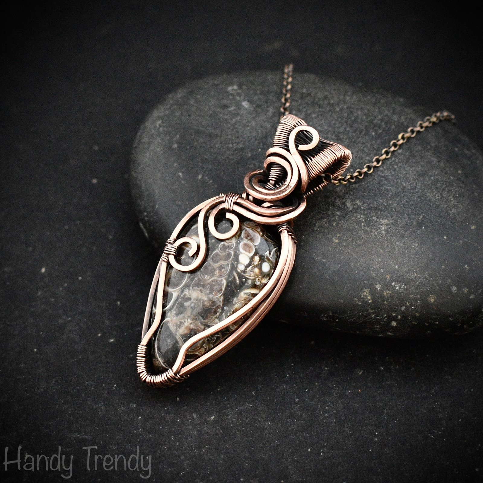 Turritella fossil pendant, Copper wire wrapped weaving necklace, Unique handmade gift, One of a kind jewelry, Artisan boho necklace