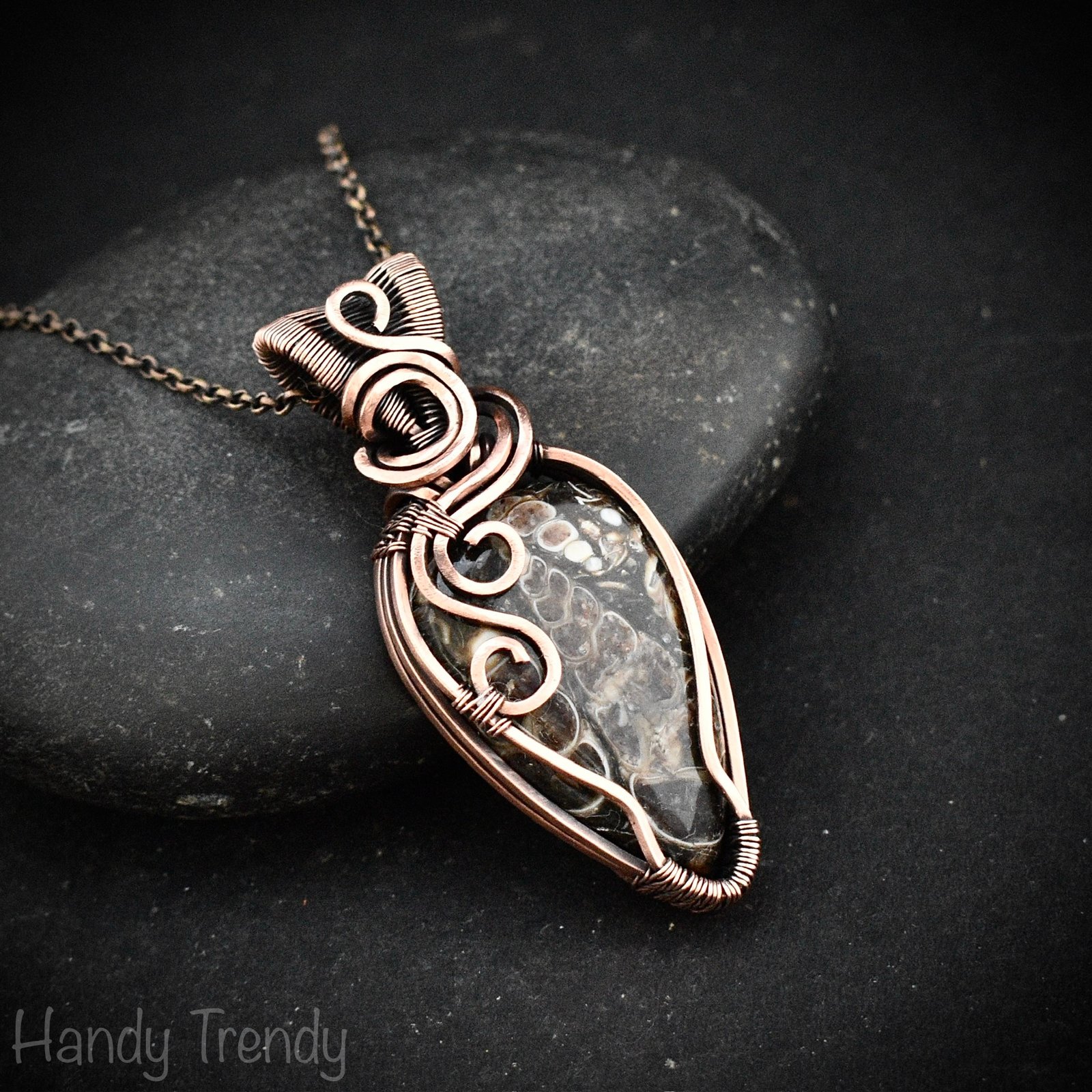Turritella fossil pendant, Copper wire wrapped weaving necklace, Unique handmade gift, One of a kind jewelry, Artisan boho necklace