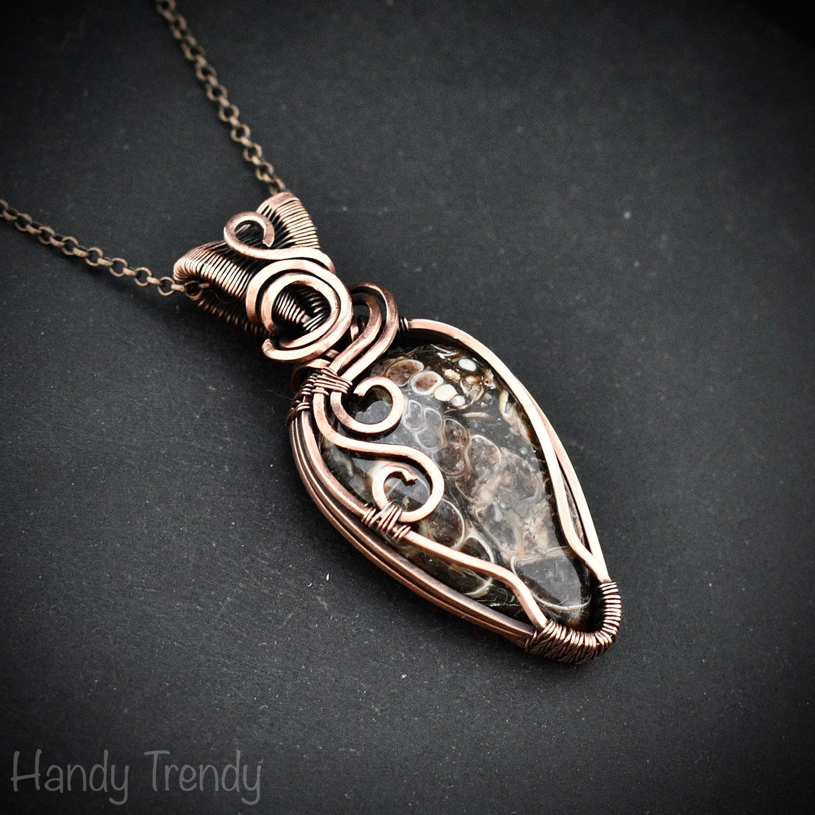 Turritella fossil pendant, Copper wire wrapped weaving necklace, Unique handmade gift, One of a kind jewelry, Artisan boho necklace