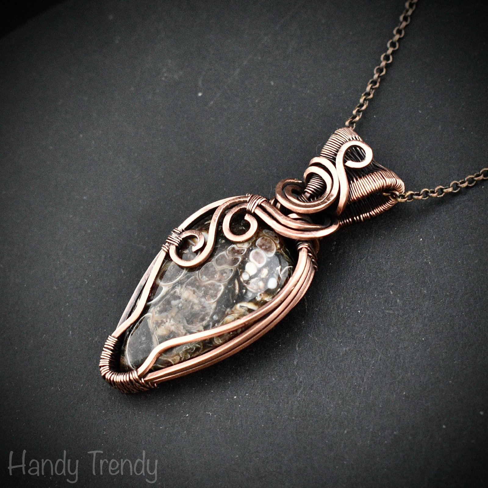 Turritella fossil pendant, Copper wire wrapped weaving necklace, Unique handmade gift, One of a kind jewelry, Artisan boho necklace