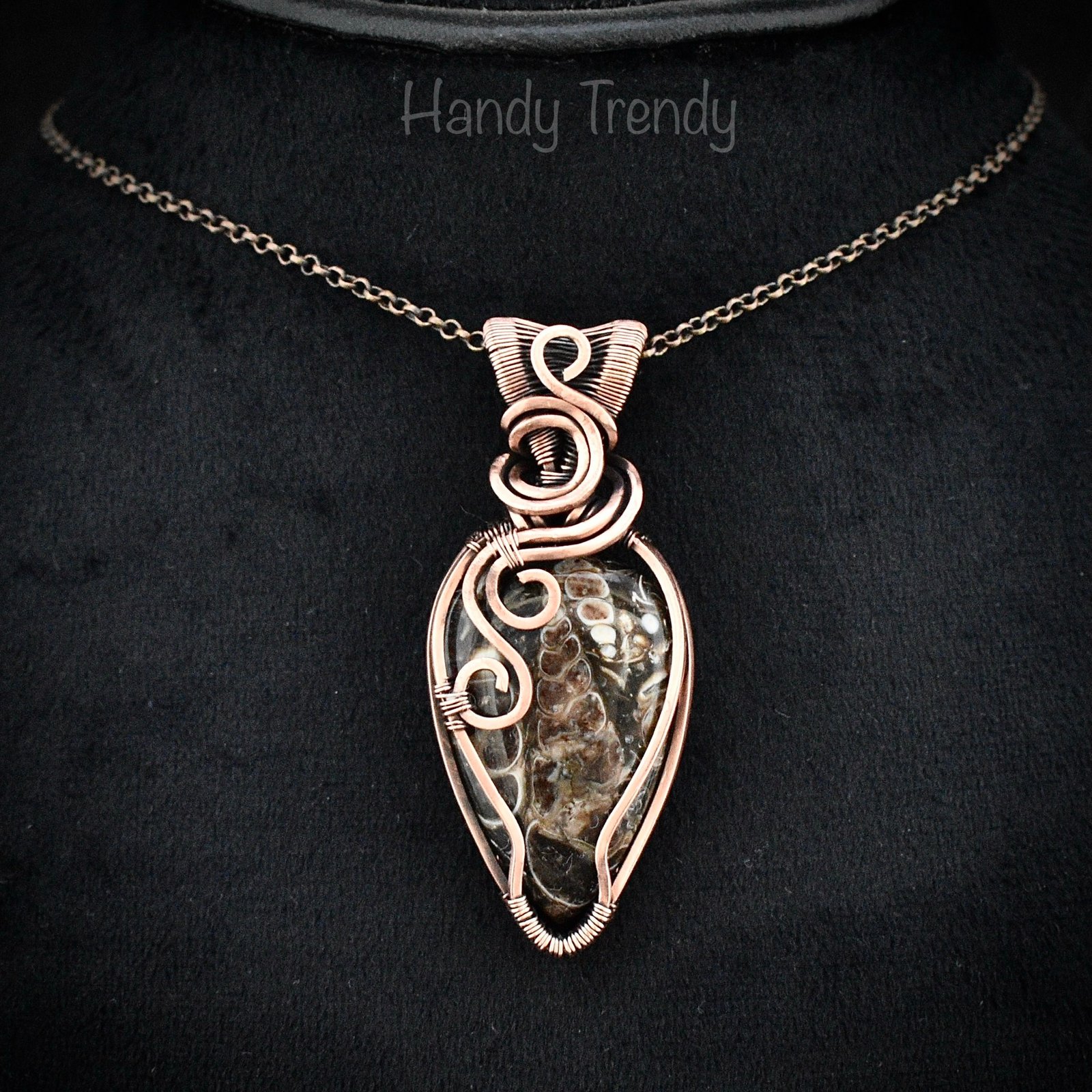 Turritella fossil pendant, Copper wire wrapped weaving necklace, Unique handmade gift, One of a kind jewelry, Artisan boho necklace