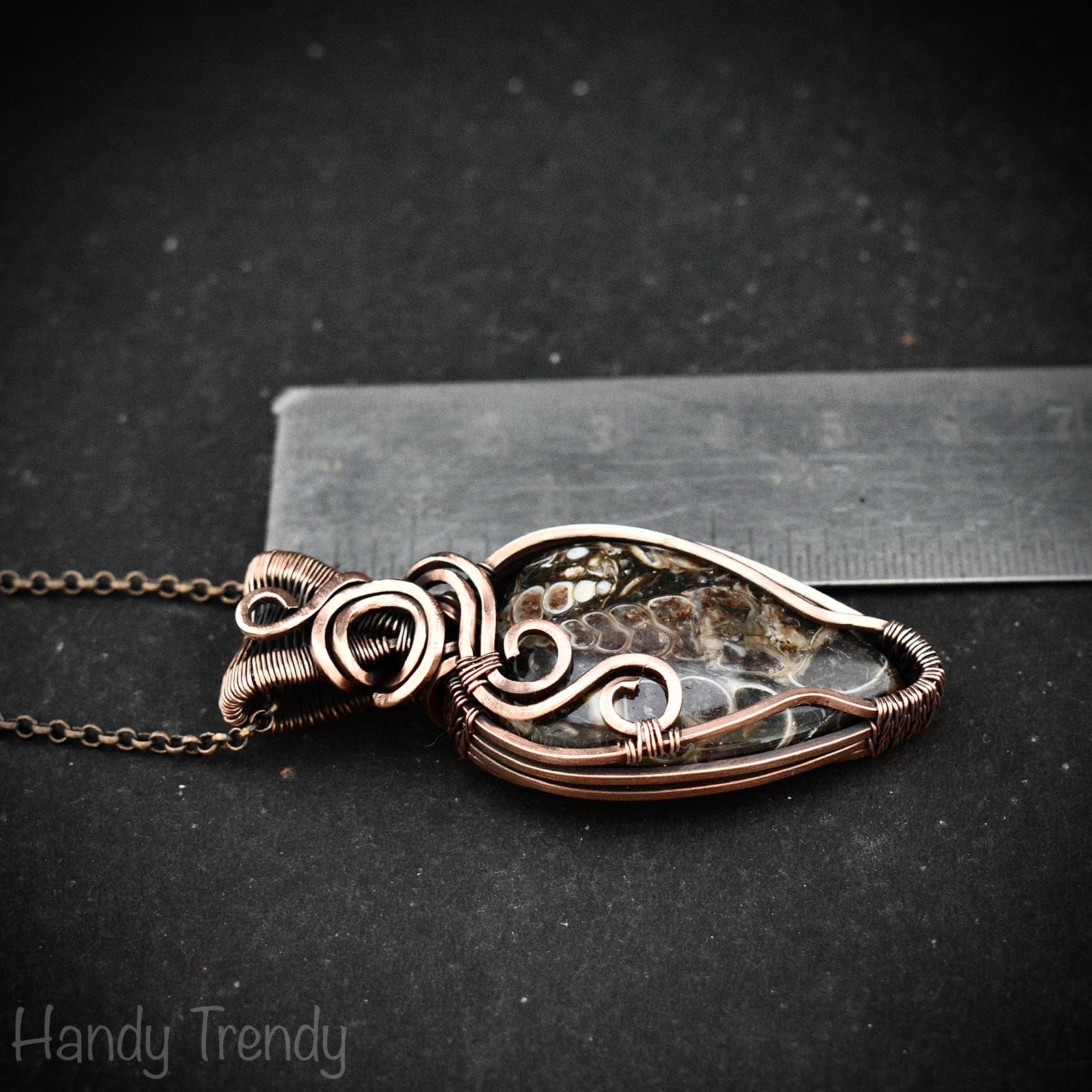 Turritella fossil pendant, Copper wire wrapped weaving necklace, Unique handmade gift, One of a kind jewelry, Artisan boho necklace