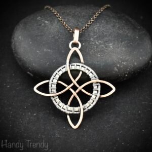 Endless witches knot pendant, Copper and 925 sterling silver wire wrapped jewelry, Celtic 4-pointed circle necklace, Unique handmade gift