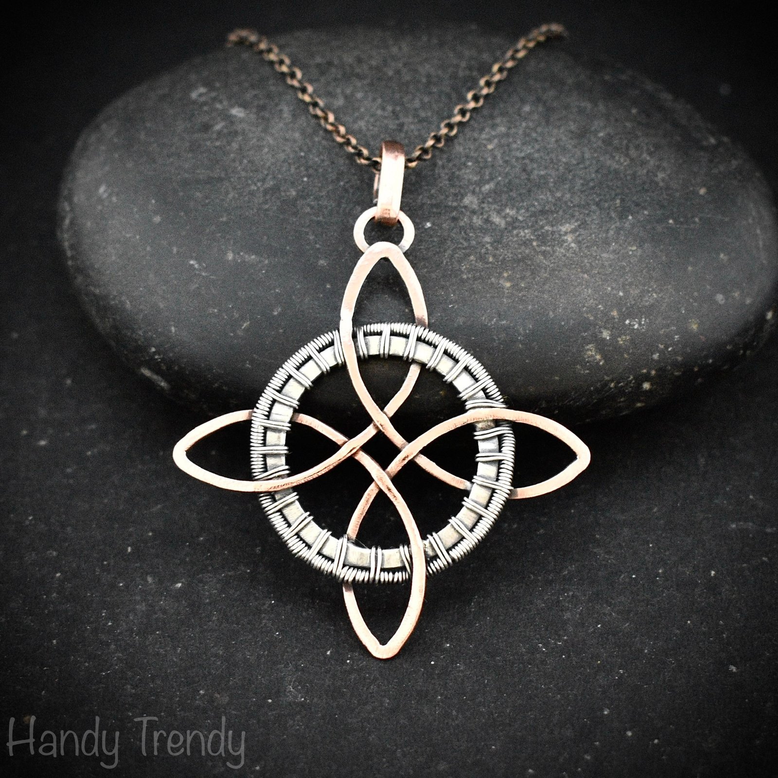 Endless witches knot pendant, Copper and 925 sterling silver wire wrapped jewelry, Celtic 4-pointed circle necklace, Unique handmade gift