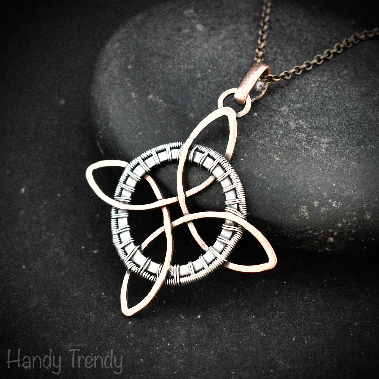 Endless witches knot pendant, Copper and 925 sterling silver wire wrapped jewelry, Celtic 4-pointed circle necklace, Unique handmade gift