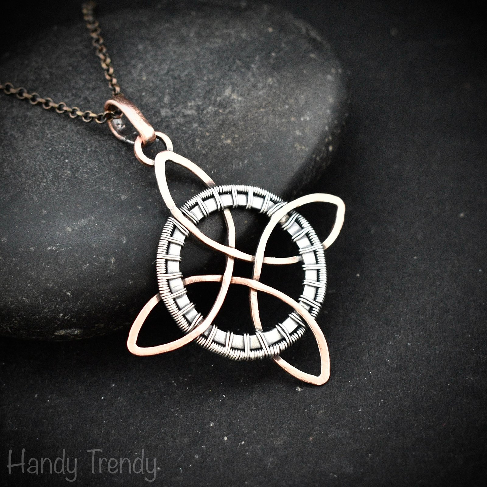 Endless witches knot pendant, Copper and 925 sterling silver wire wrapped jewelry, Celtic 4-pointed circle necklace, Unique handmade gift