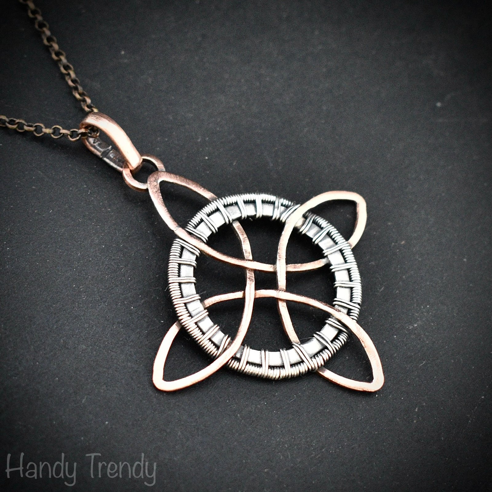 Endless witches knot pendant, Copper and 925 sterling silver wire wrapped jewelry, Celtic 4-pointed circle necklace, Unique handmade gift
