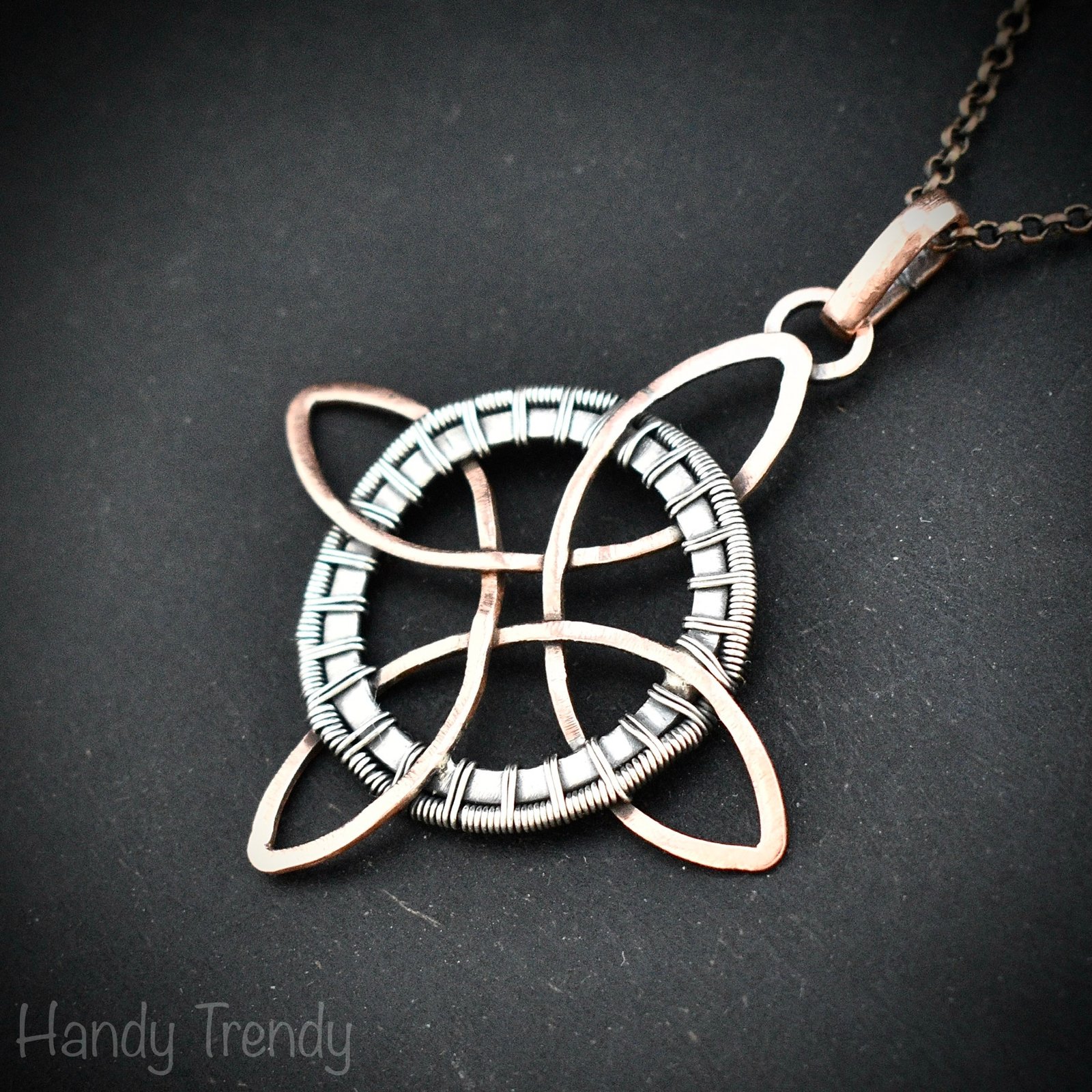 Endless witches knot pendant, Copper and 925 sterling silver wire wrapped jewelry, Celtic 4-pointed circle necklace, Unique handmade gift