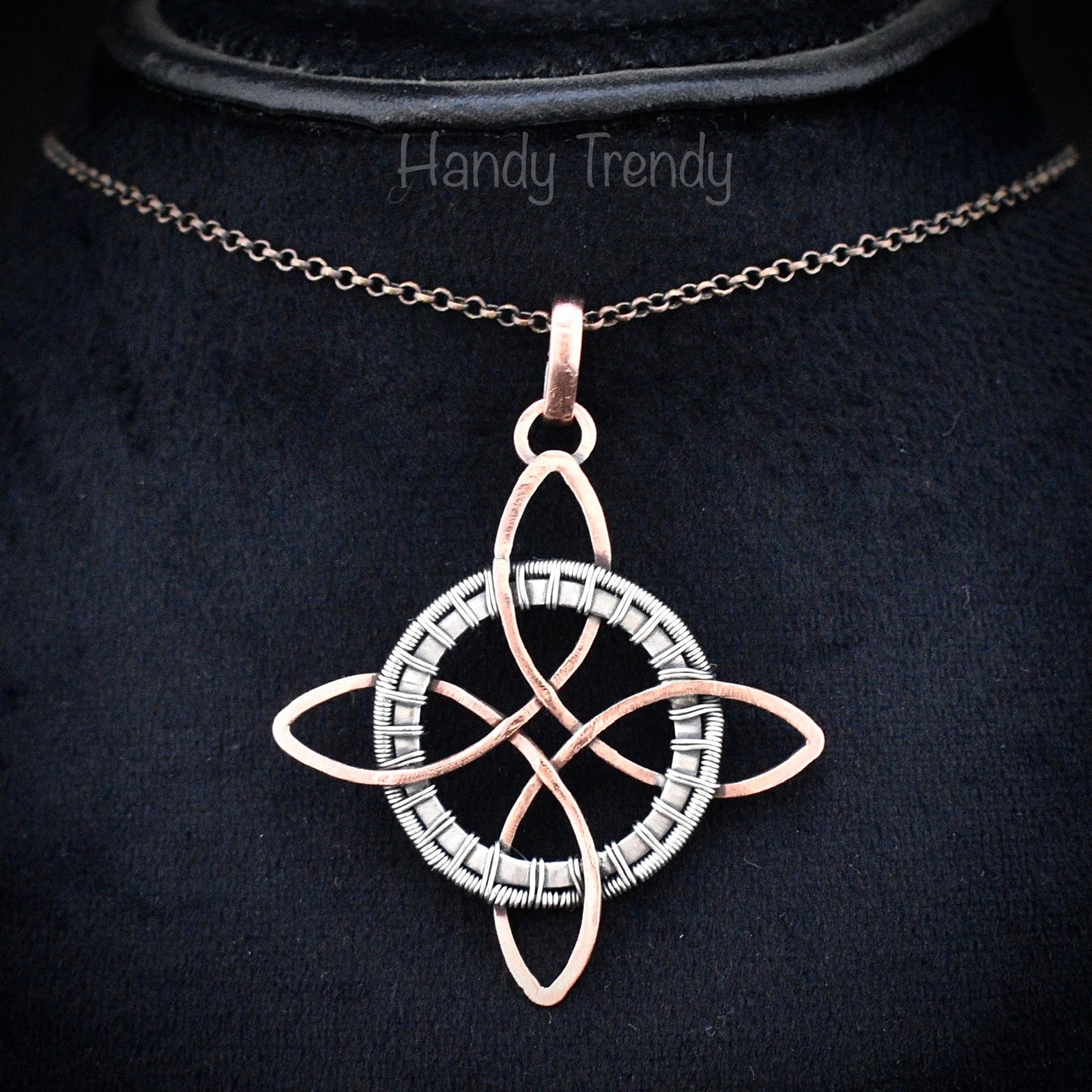 Endless witches knot pendant, Copper and 925 sterling silver wire wrapped jewelry, Celtic 4-pointed circle necklace, Unique handmade gift