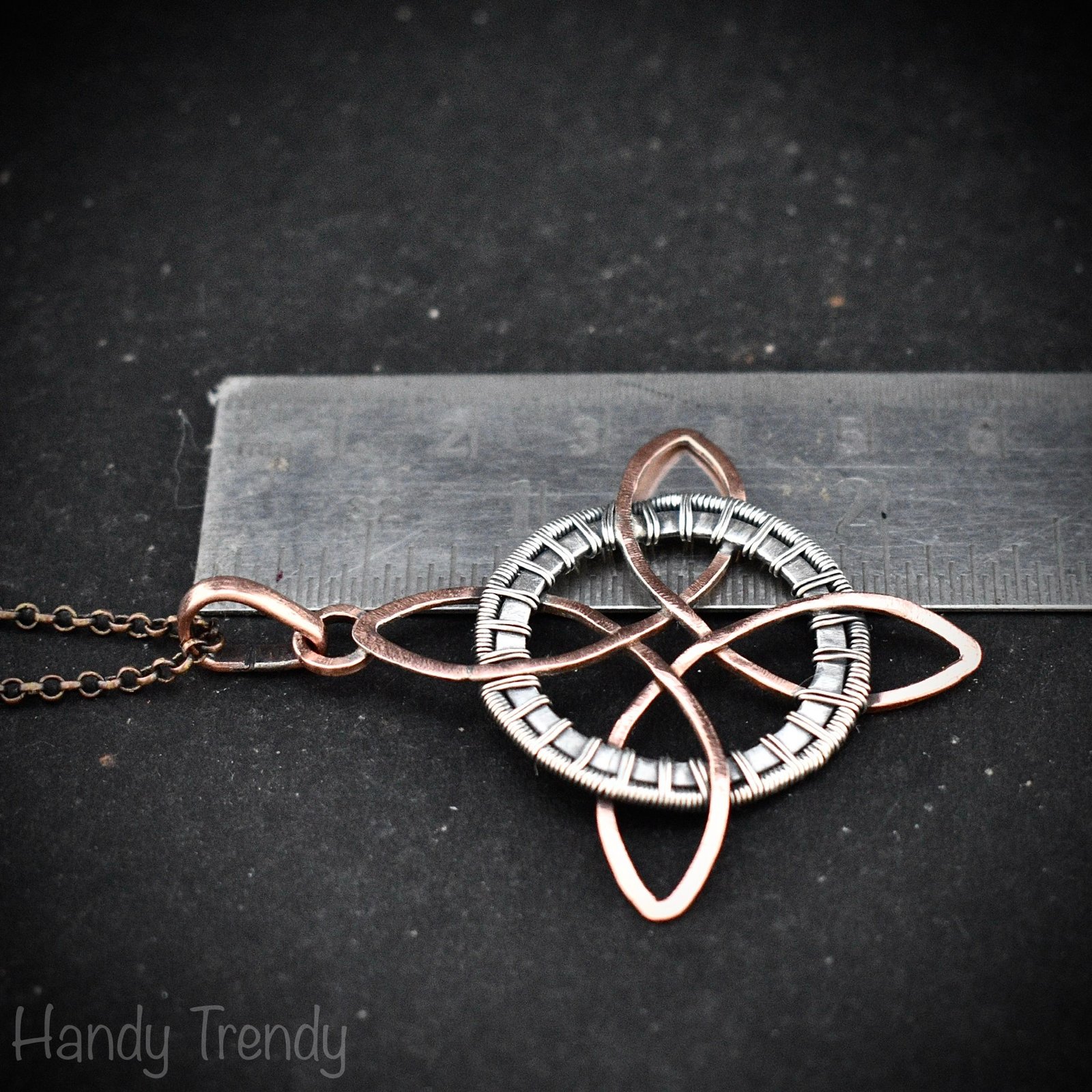 Endless witches knot pendant, Copper and 925 sterling silver wire wrapped jewelry, Celtic 4-pointed circle necklace, Unique handmade gift