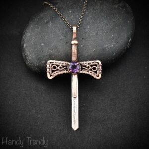 Sword pendant, Amethyst stone and 925 sterling silver and Copper wire wrapped necklace, Unique handmade artisan necklace, Unisex jewelry