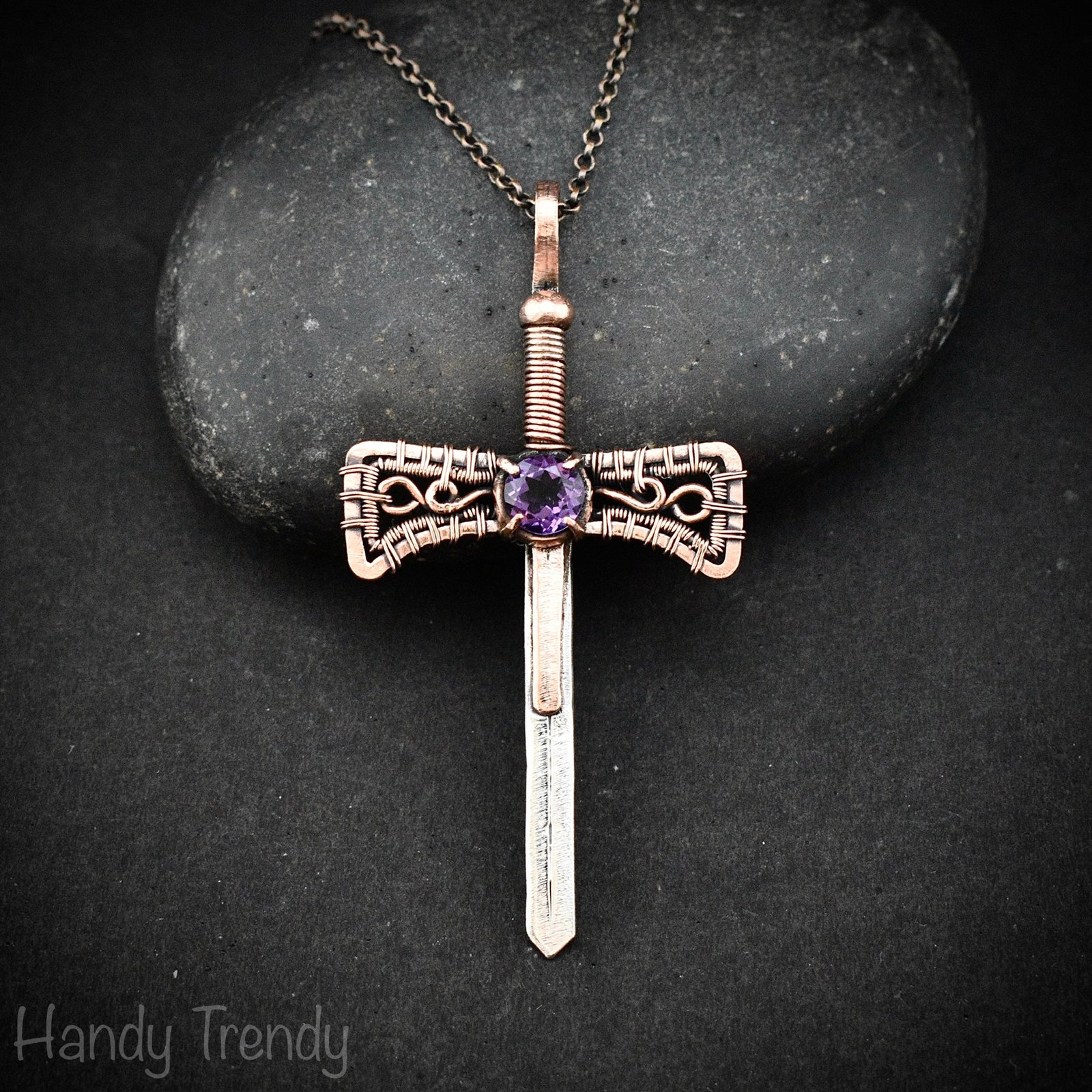 Sword pendant, Amethyst stone and 925 sterling silver and Copper wire wrapped necklace, Unique handmade artisan necklace, Unisex jewelry