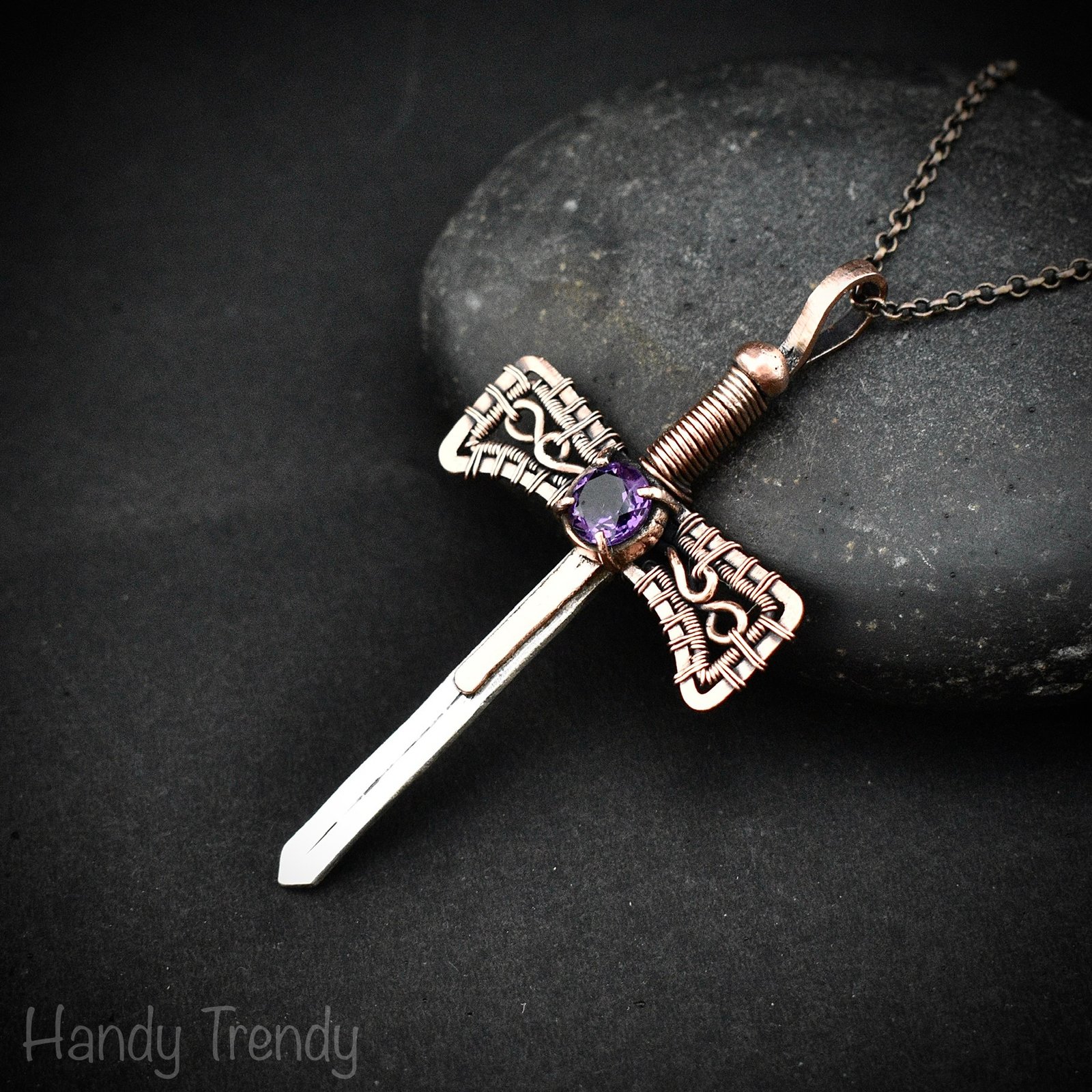 Sword pendant, Amethyst stone and 925 sterling silver and Copper wire wrapped necklace, Unique handmade artisan necklace, Unisex jewelry