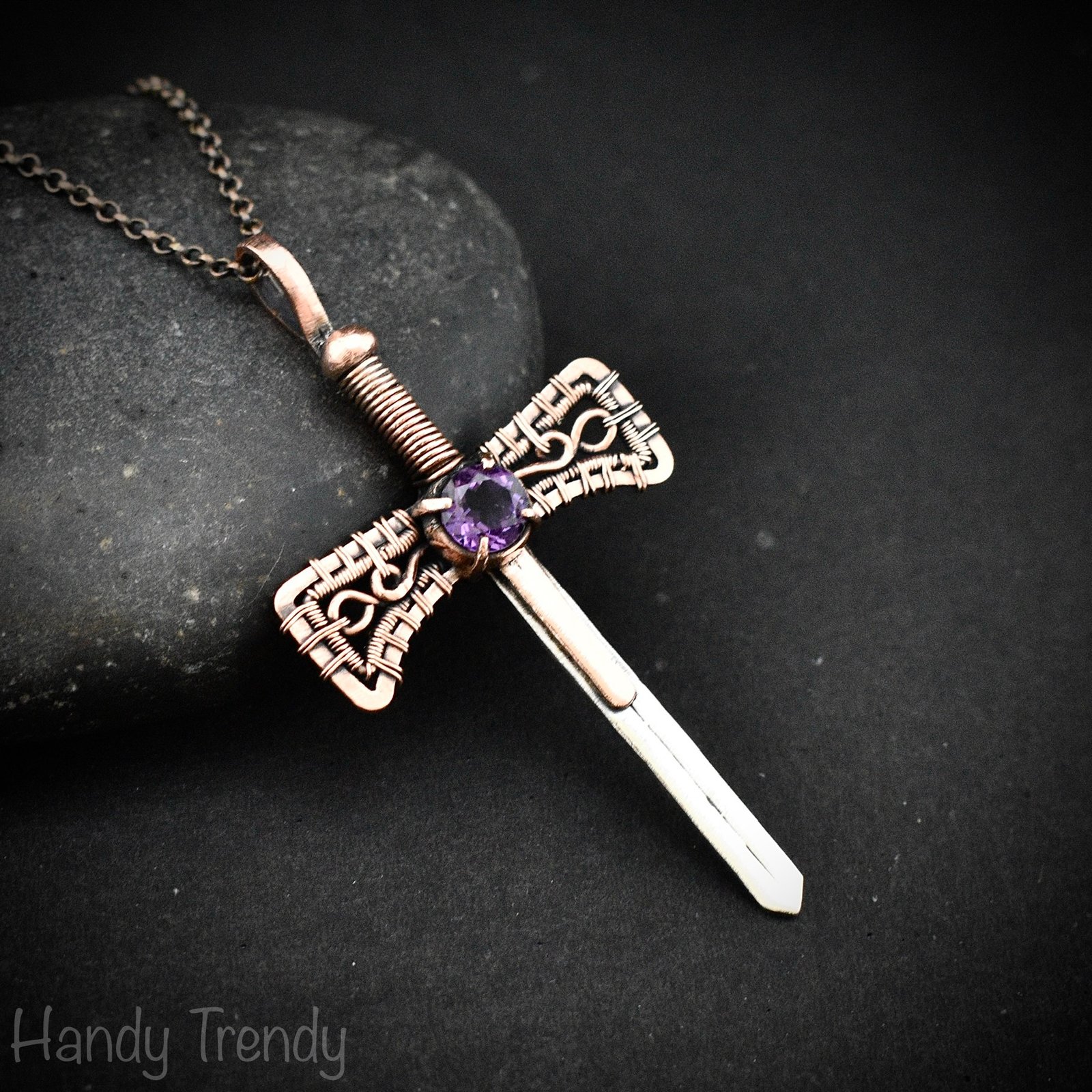 Sword pendant, Amethyst stone and 925 sterling silver and Copper wire wrapped necklace, Unique handmade artisan necklace, Unisex jewelry