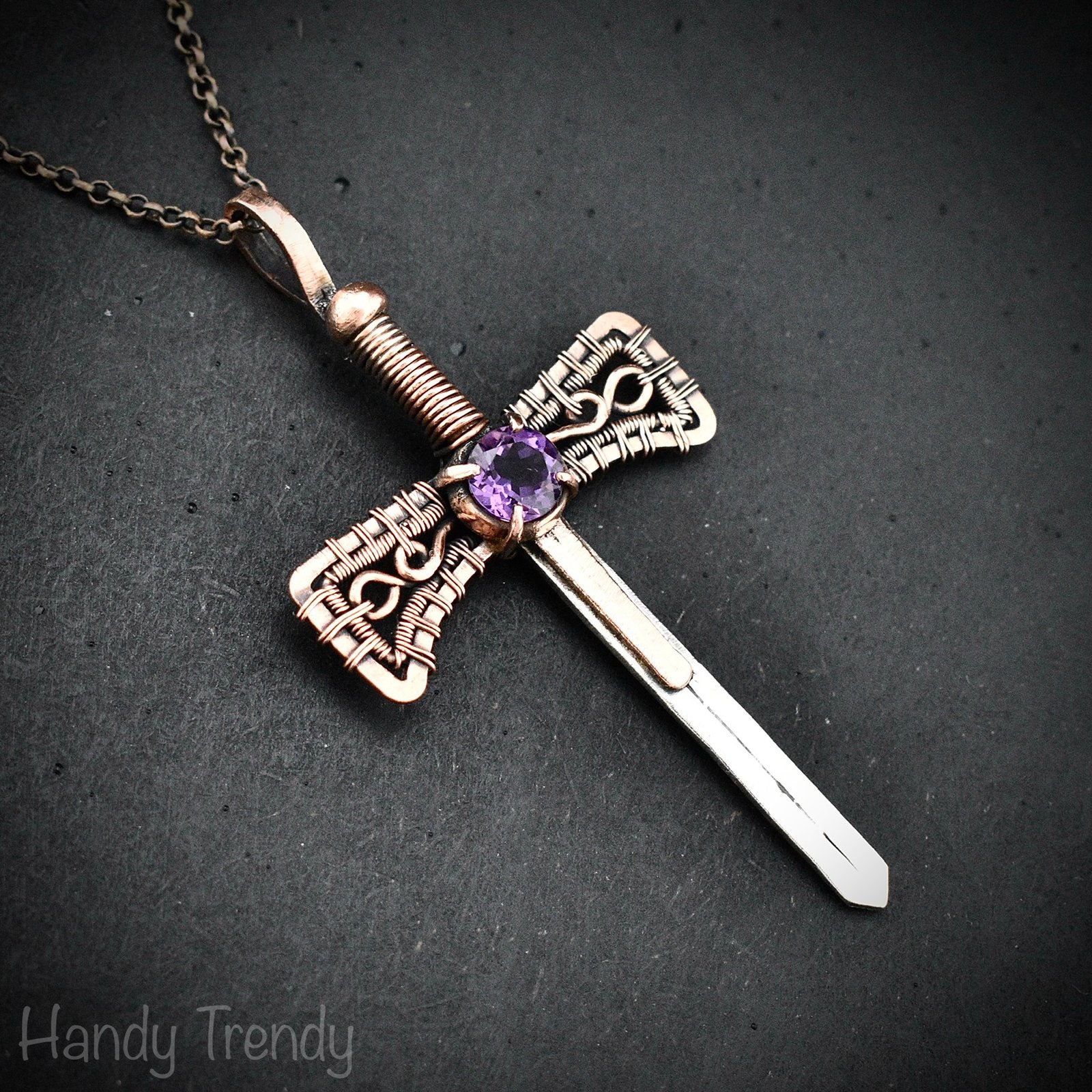 Sword pendant, Amethyst stone and 925 sterling silver and Copper wire wrapped necklace, Unique handmade artisan necklace, Unisex jewelry