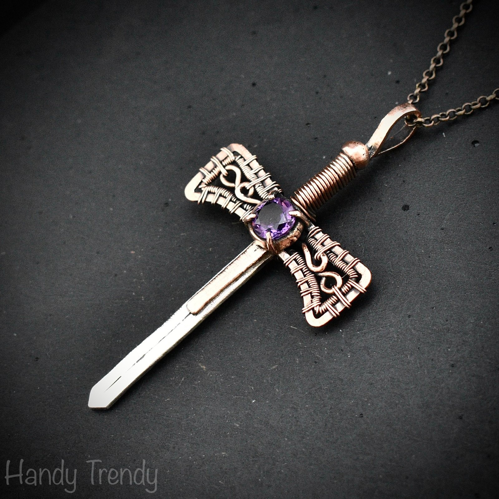 Sword pendant, Amethyst stone and 925 sterling silver and Copper wire wrapped necklace, Unique handmade artisan necklace, Unisex jewelry