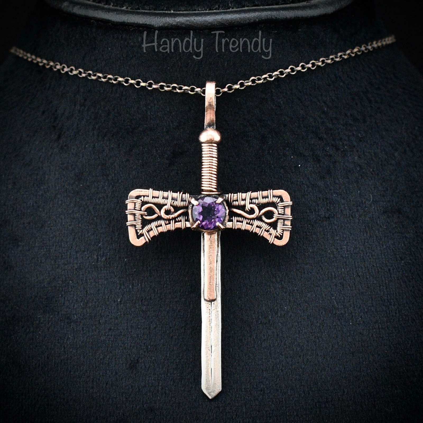 Sword pendant, Amethyst stone and 925 sterling silver and Copper wire wrapped necklace, Unique handmade artisan necklace, Unisex jewelry