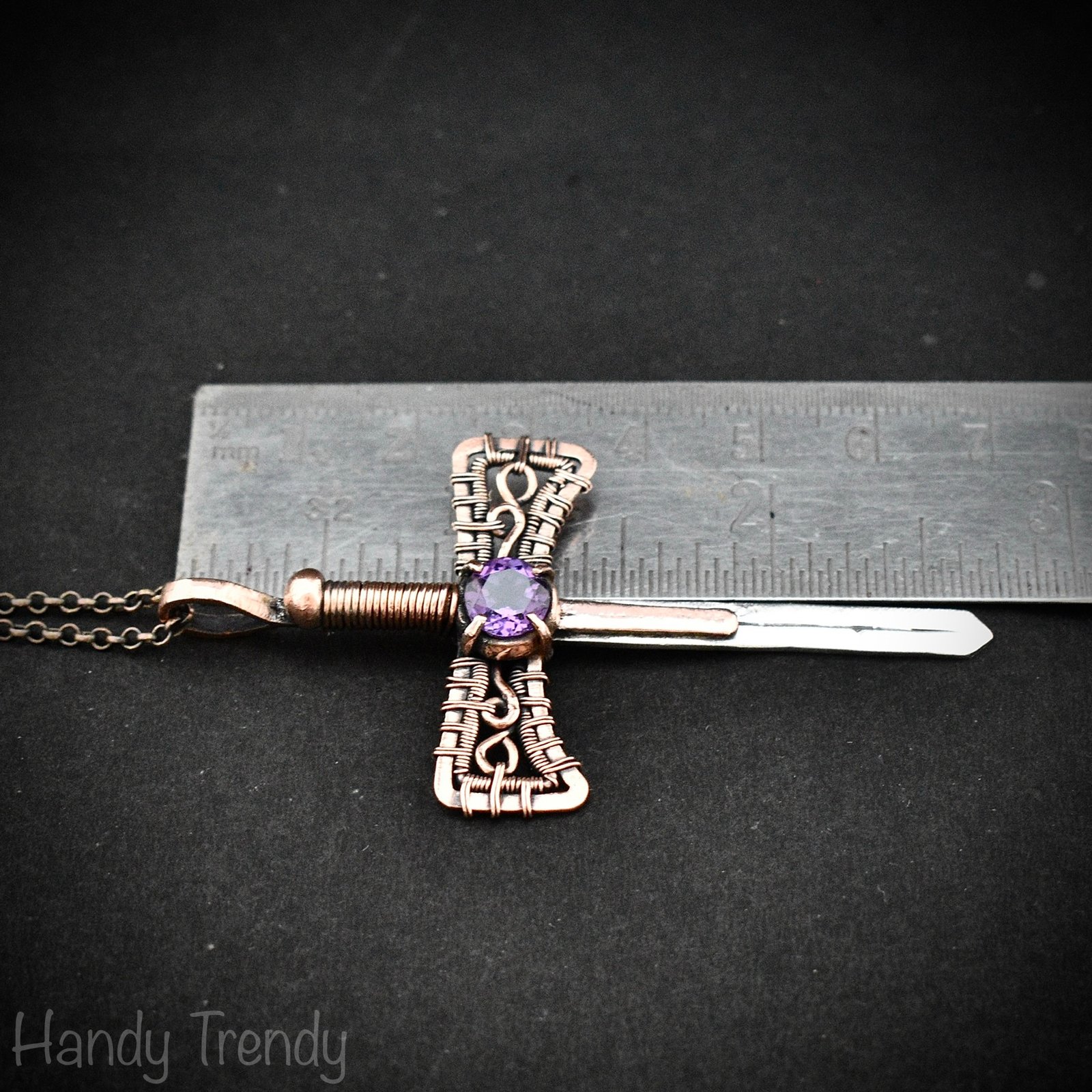 Sword pendant, Amethyst stone and 925 sterling silver and Copper wire wrapped necklace, Unique handmade artisan necklace, Unisex jewelry