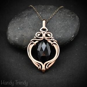 Black onyx pendant, Free-Flow copper wire wrapped necklace, Unique handmade gift, One of a kind artisan boho Jewelry
