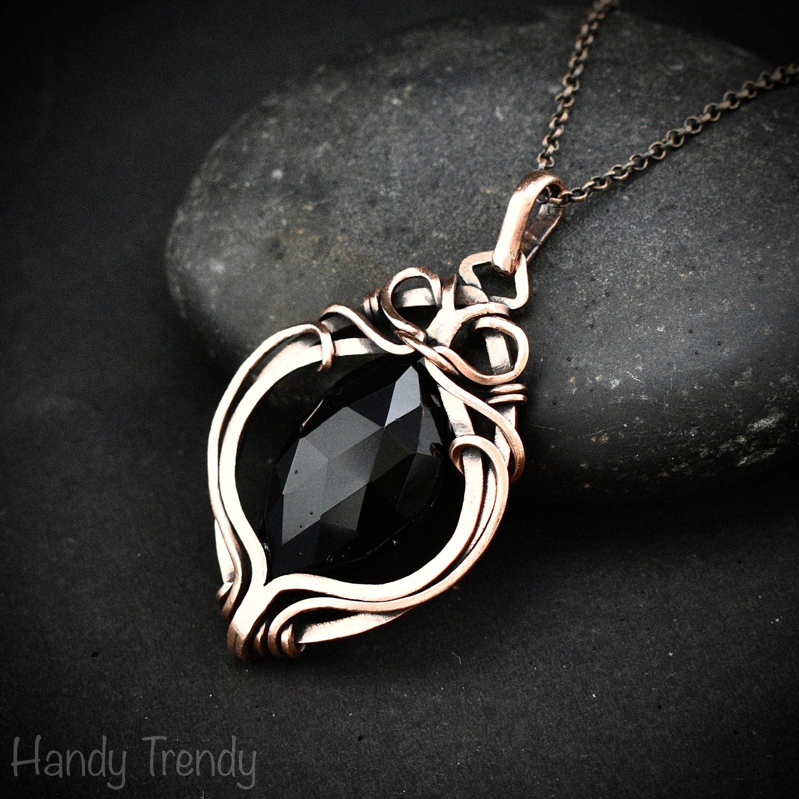 Black onyx pendant, Free-Flow copper wire wrapped necklace, Unique handmade gift, One of a kind artisan boho Jewelry