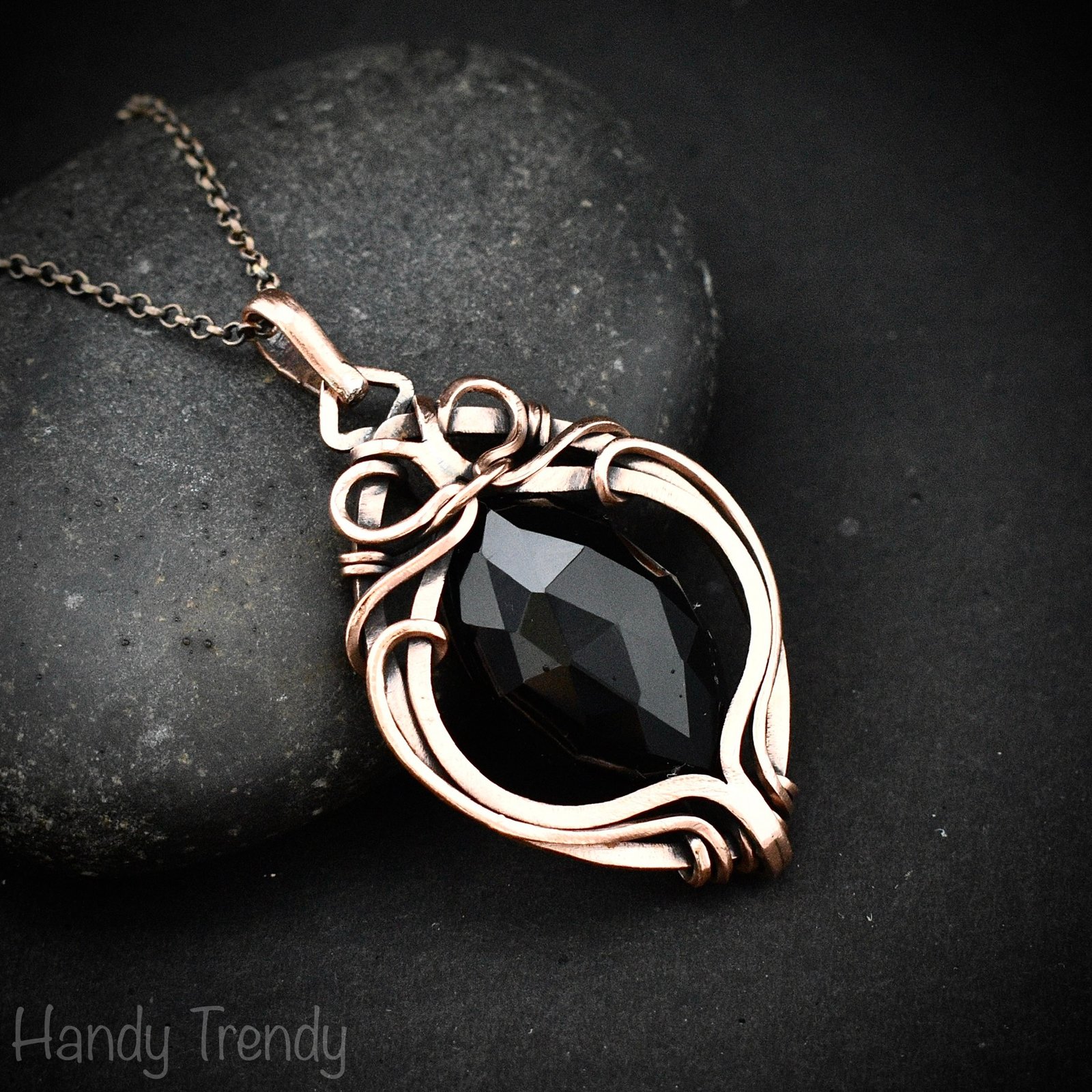 Black onyx pendant, Free-Flow copper wire wrapped necklace, Unique handmade gift, One of a kind artisan boho Jewelry