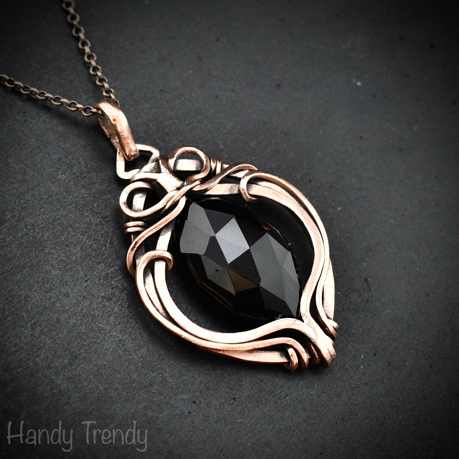Black onyx pendant, Free-Flow copper wire wrapped necklace, Unique handmade gift, One of a kind artisan boho Jewelry