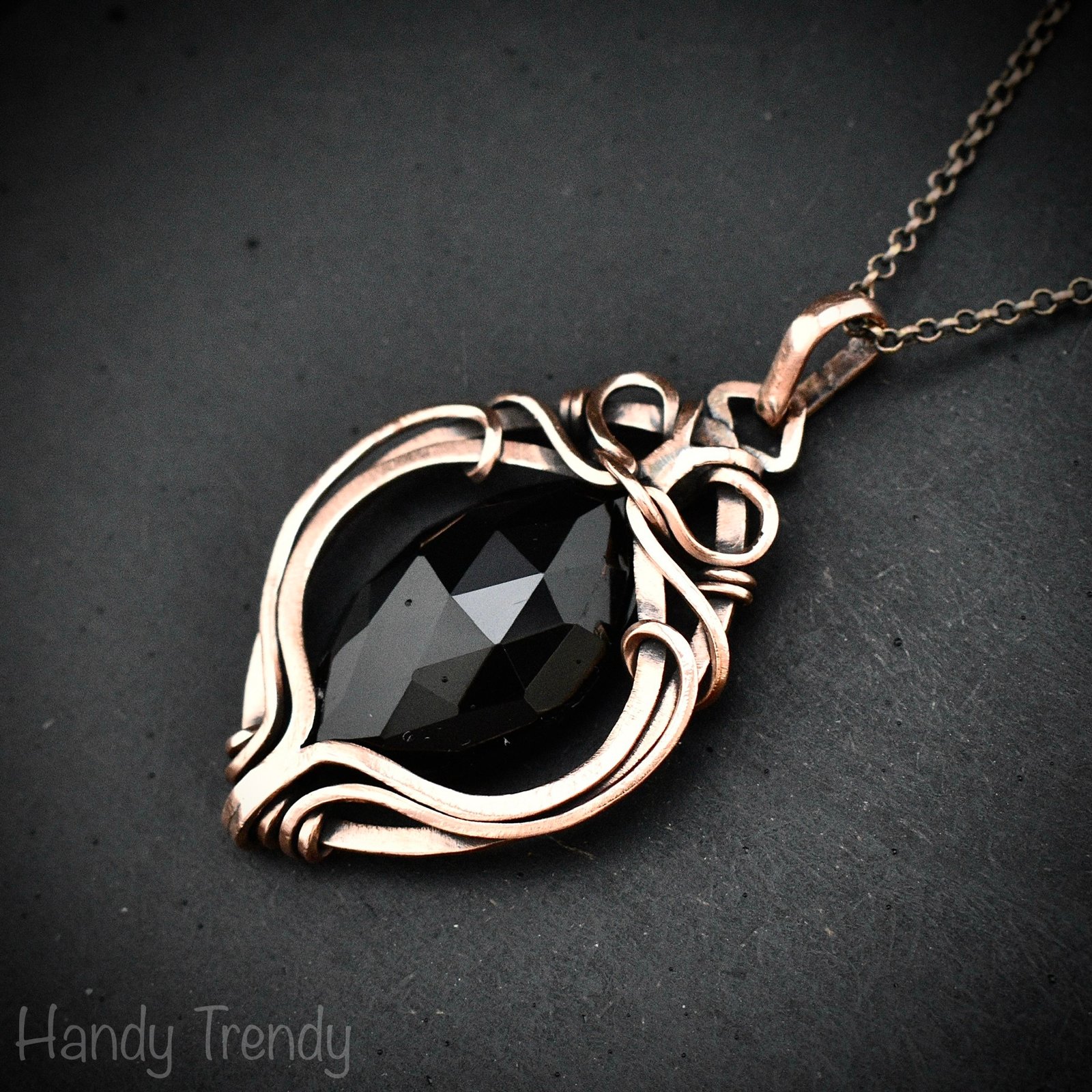 Black onyx pendant, Free-Flow copper wire wrapped necklace, Unique handmade gift, One of a kind artisan boho Jewelry