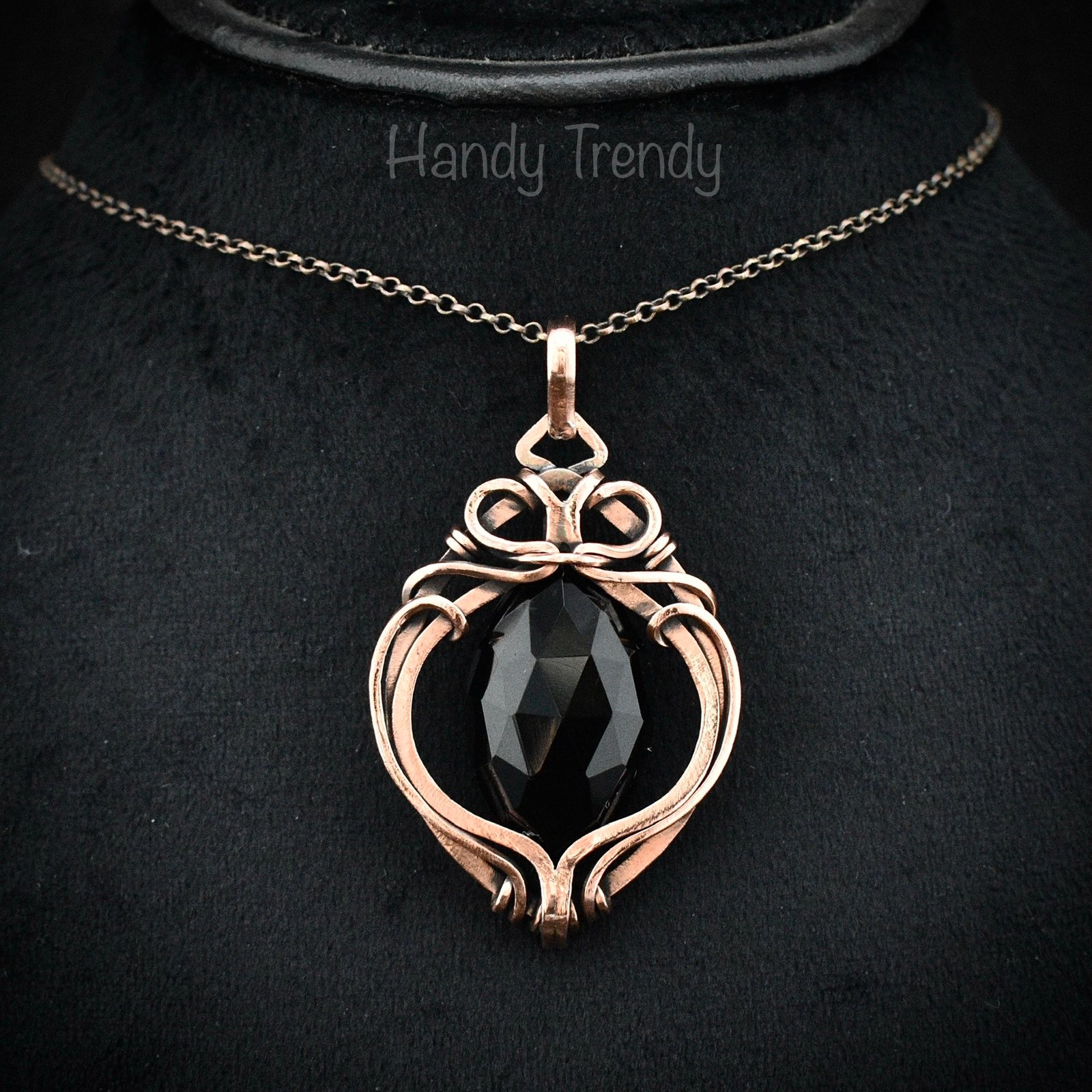 Black onyx pendant, Free-Flow copper wire wrapped necklace, Unique handmade gift, One of a kind artisan boho Jewelry