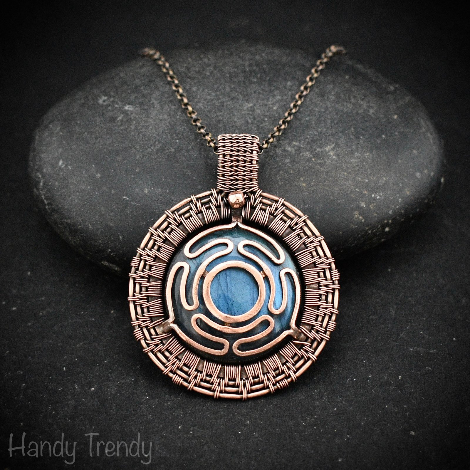 Goddess Hecate's wheel pendant, Blue labradorite stone and Copper wire wrap necklace, Unique handmade gift, One of a kind artisan necklace