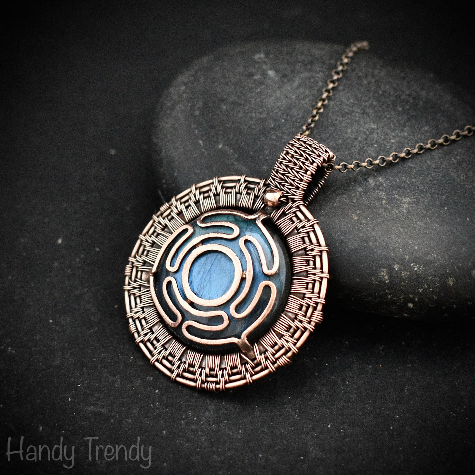 Goddess Hecate's wheel pendant, Blue labradorite stone and Copper wire wrap necklace, Unique handmade gift, One of a kind artisan necklace