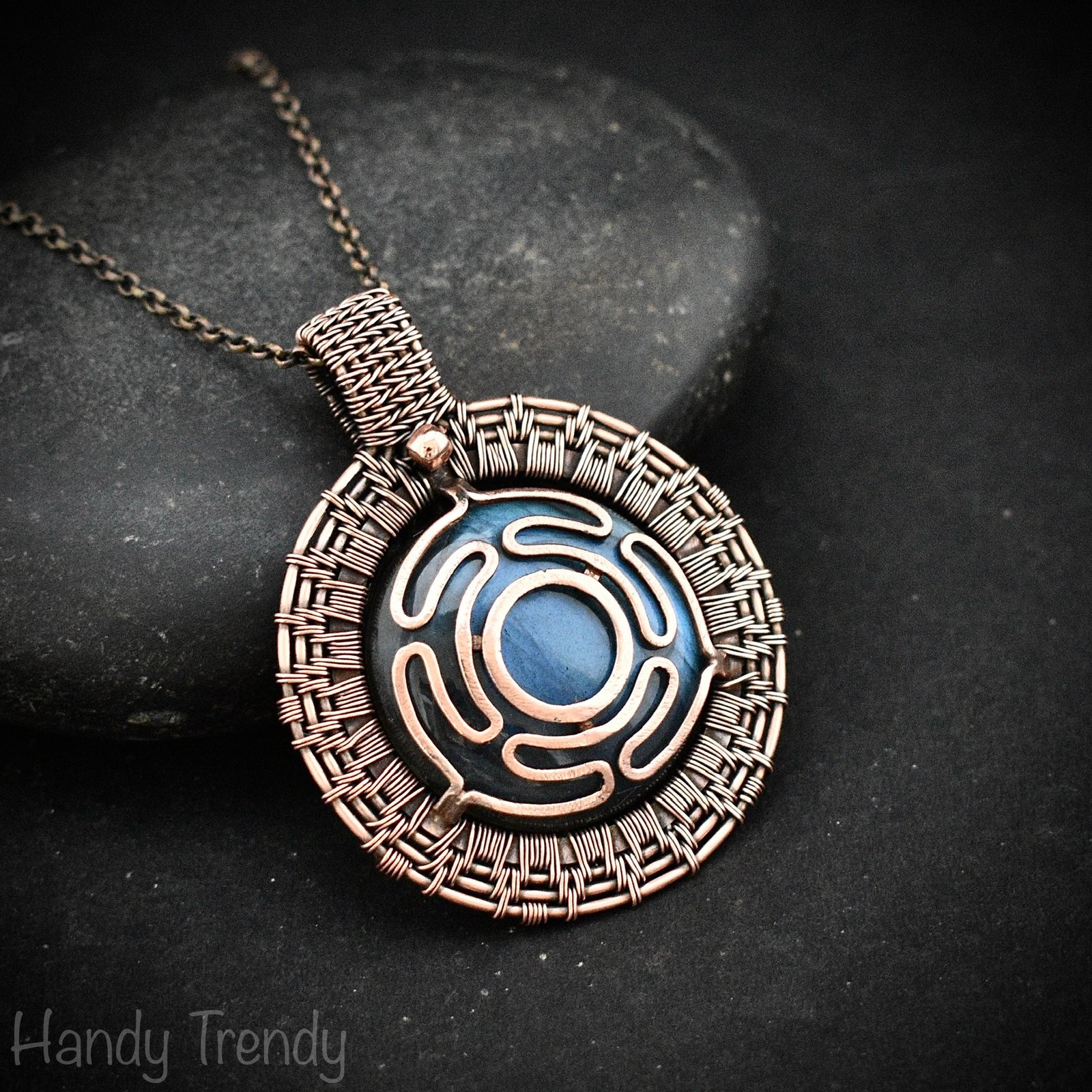 Goddess Hecate's wheel pendant, Blue labradorite stone and Copper wire wrap necklace, Unique handmade gift, One of a kind artisan necklace