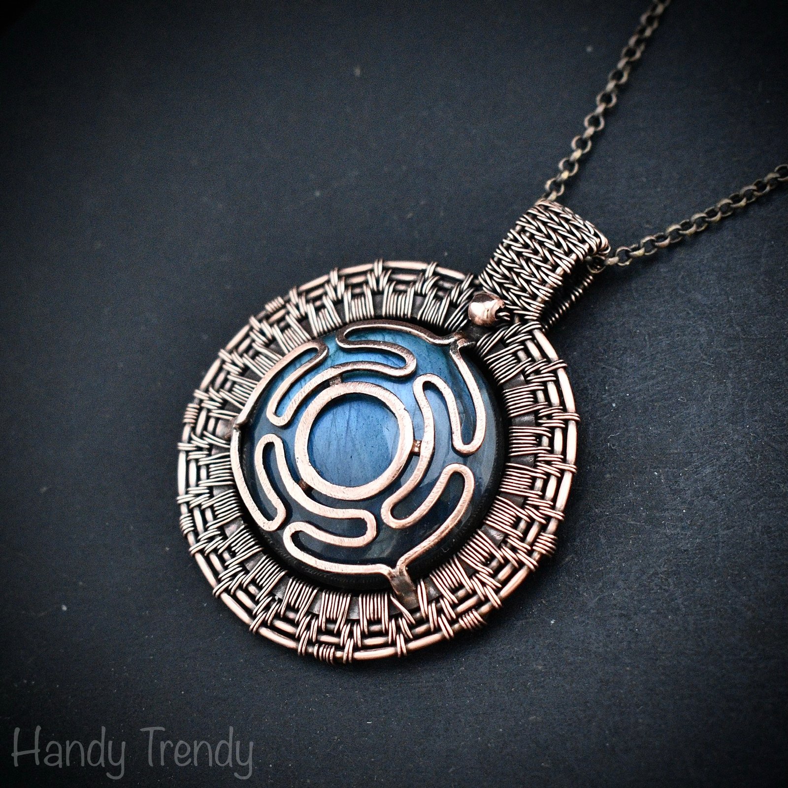 Goddess Hecate's wheel pendant, Blue labradorite stone and Copper wire wrap necklace, Unique handmade gift, One of a kind artisan necklace