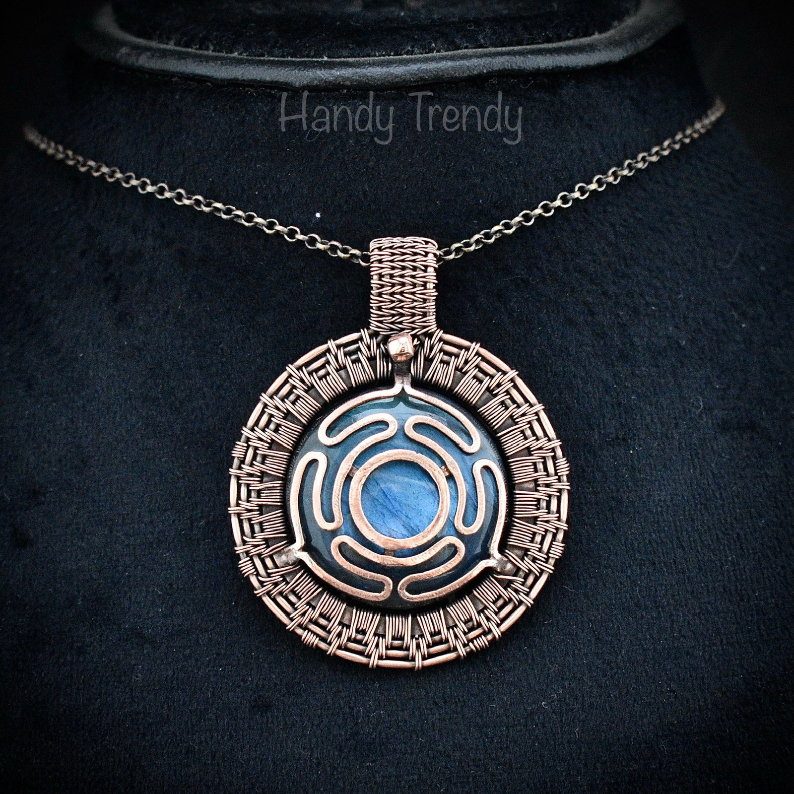 Goddess Hecate's wheel pendant, Blue labradorite stone and Copper wire wrap necklace, Unique handmade gift, One of a kind artisan necklace