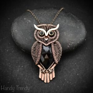 Great horned owl pendant, black onyx and black spinal stone and Copper wire wrap necklace, Flying animal jewelry, Unique handmade gift