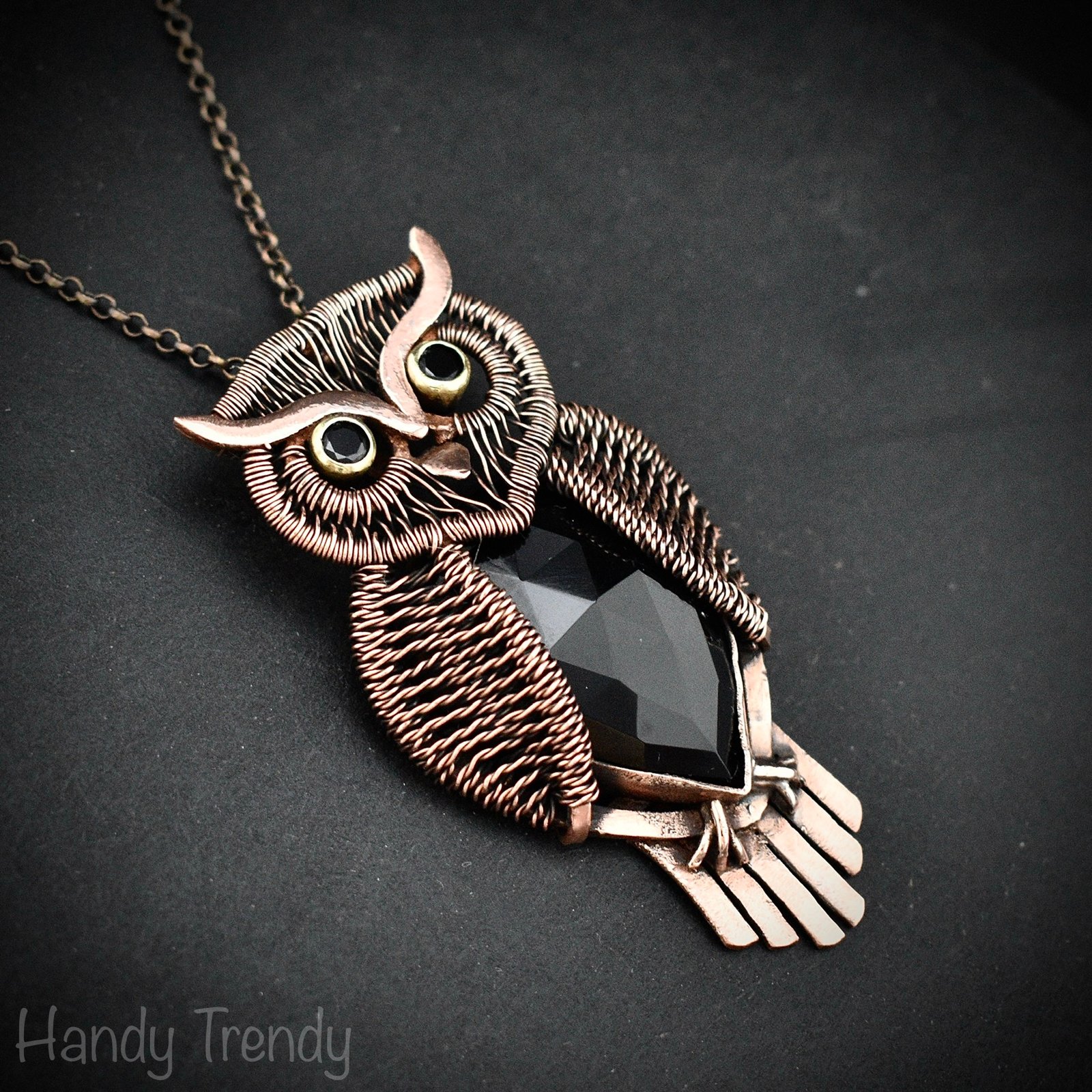 Great horned owl pendant, black onyx and black spinal stone and Copper wire wrap necklace, Flying animal jewelry, Unique handmade gift