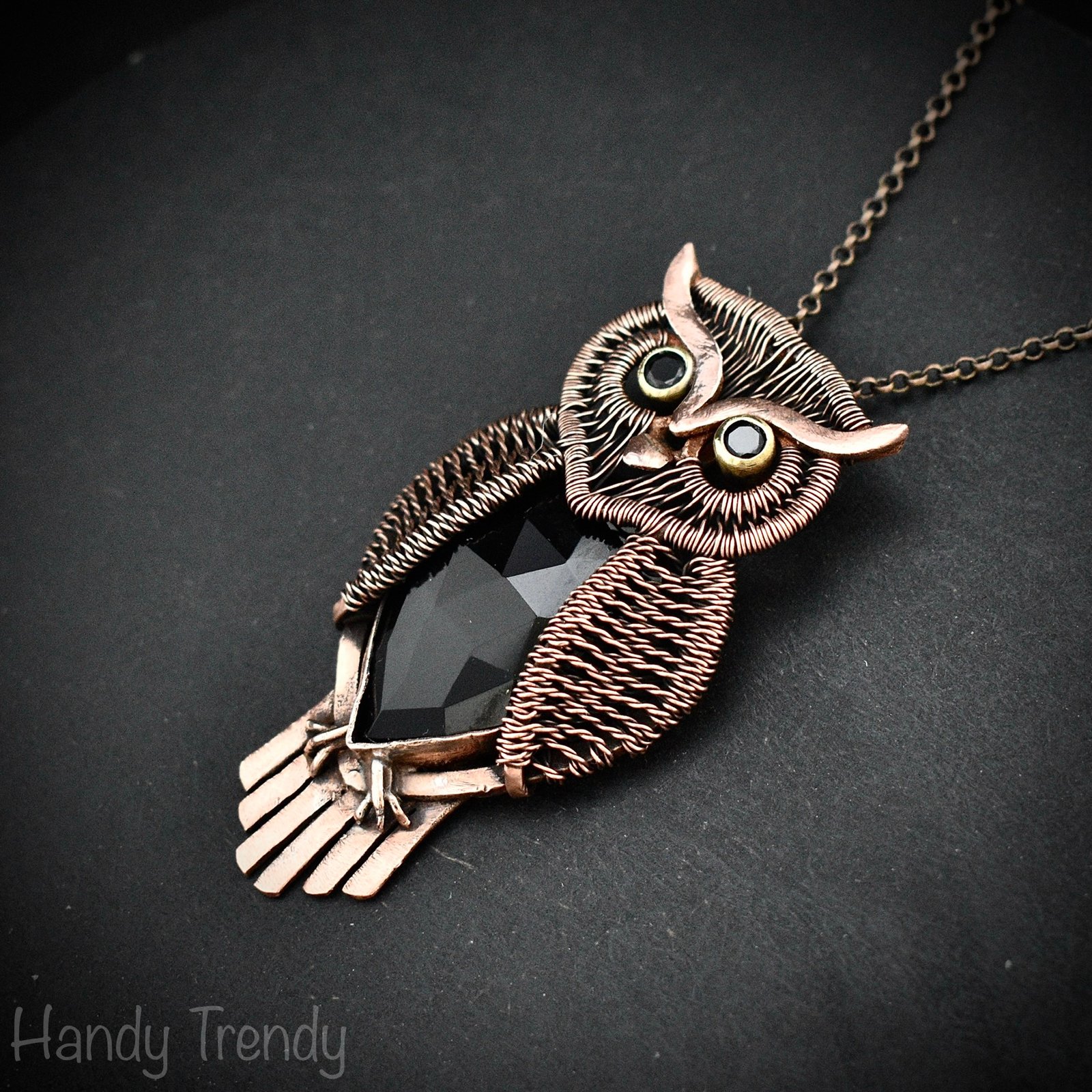 Great horned owl pendant, black onyx and black spinal stone and Copper wire wrap necklace, Flying animal jewelry, Unique handmade gift