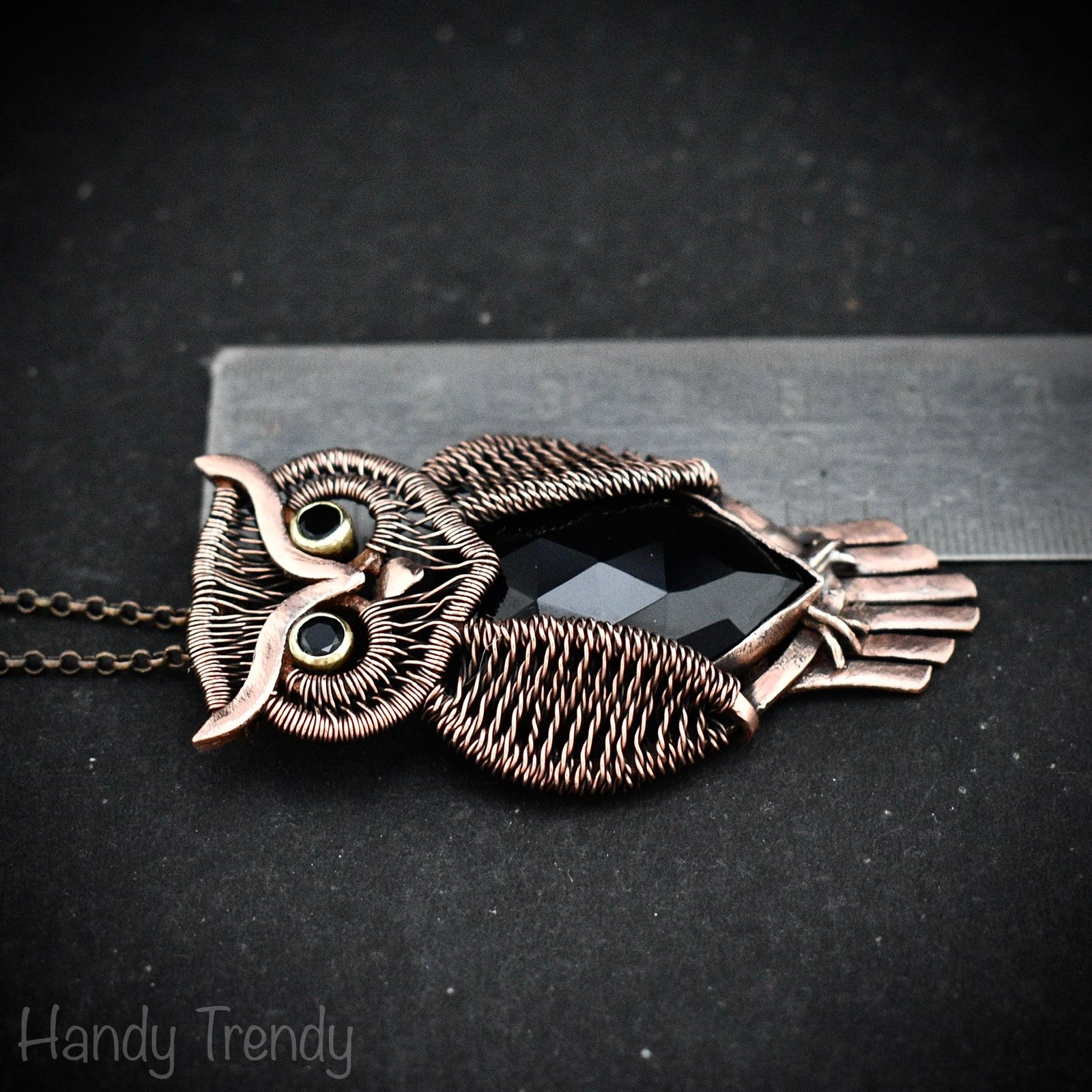 Great horned owl pendant, black onyx and black spinal stone and Copper wire wrap necklace, Flying animal jewelry, Unique handmade gift
