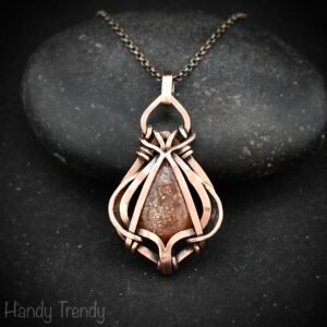 Sunstone pendant, Free-Flow copper wire wrapped necklace, Unique handmade birthday gift, One of a kind necklace, Artisan boho jewelry