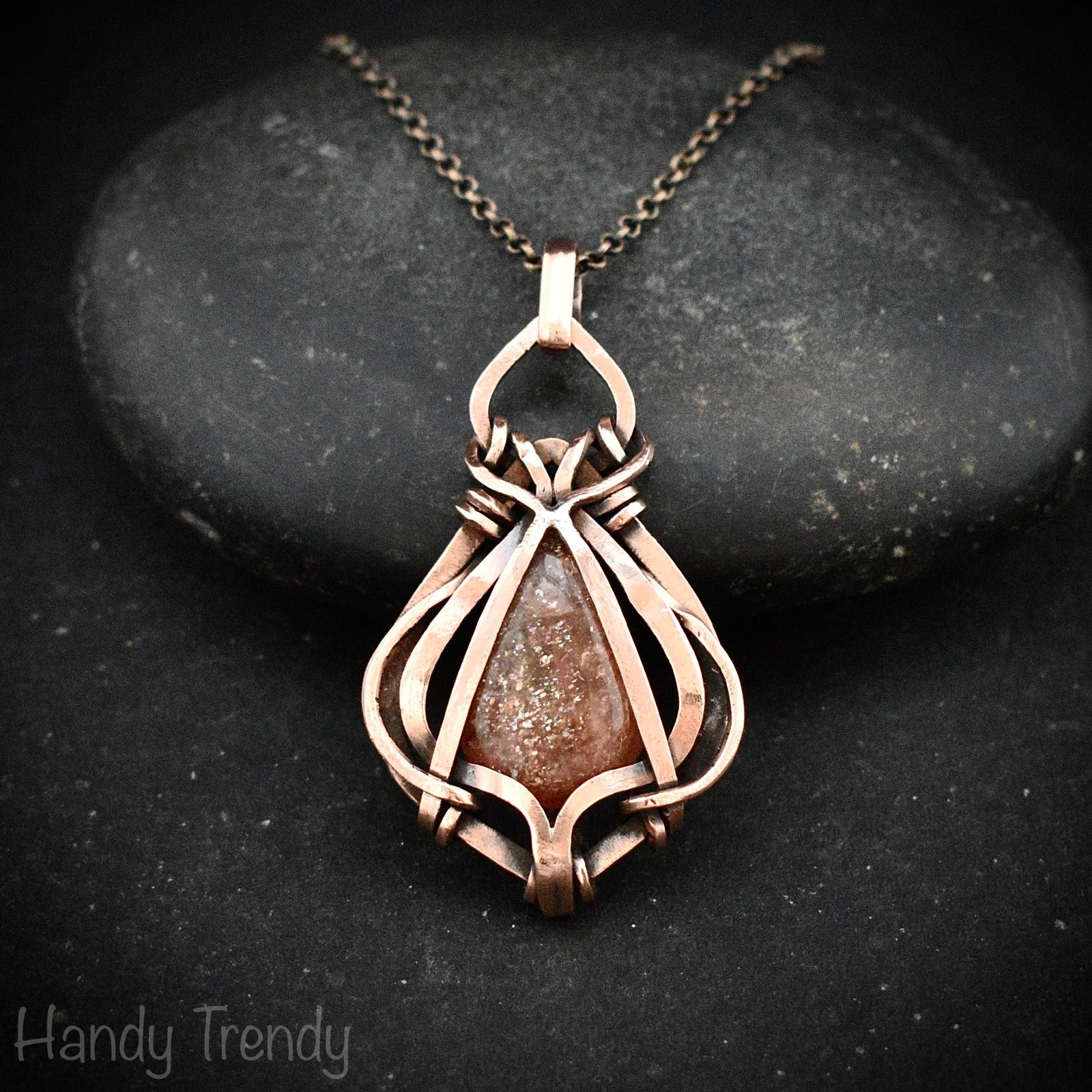 Sunstone pendant, Free-Flow copper wire wrapped necklace, Unique handmade birthday gift, One of a kind necklace, Artisan boho jewelry