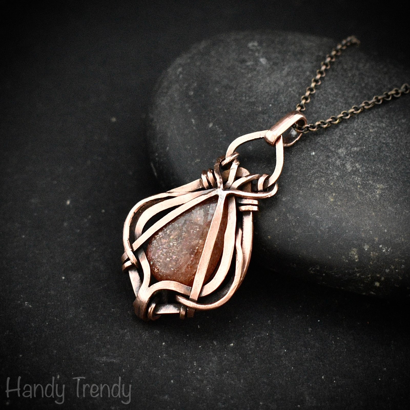 Sunstone pendant, Free-Flow copper wire wrapped necklace, Unique handmade birthday gift, One of a kind necklace, Artisan boho jewelry
